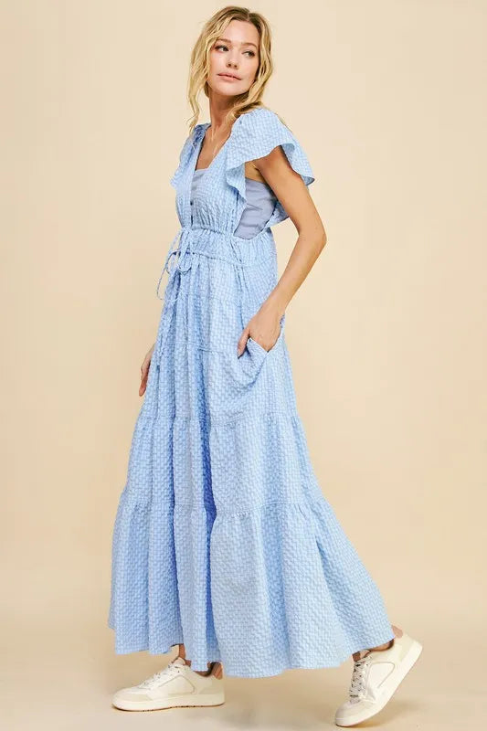 Crinkled Texture Blue Summer Midi Dress - Flowy Casual Beach Dress for Women | Perfect for Vacations, Parties & Outdoor Events