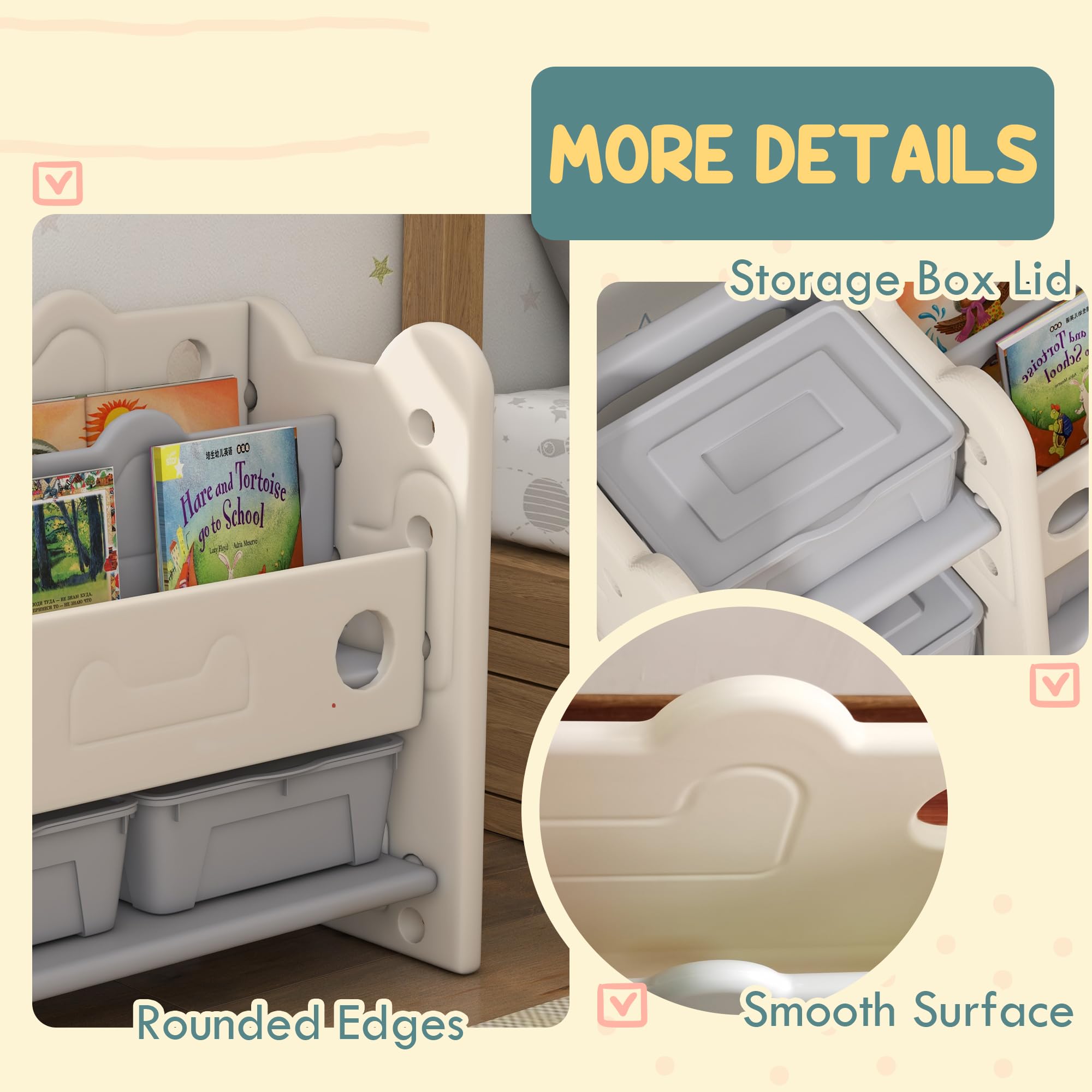 Qaba 4-Bin Toy Storage Organizer with Bookshelves & Racks - Kids Room, Nursery & Playroom Organization - Cream White Toy Box for Easy Cleanup & Child Development