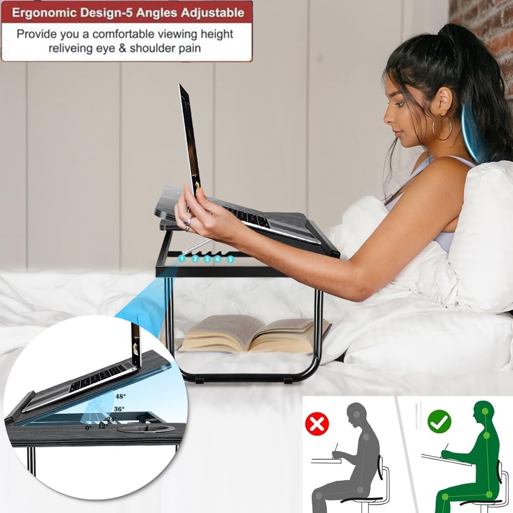Adjustable Laptop Desk for Bed & Couch - Foldable Portable Lap Desk with Cup Holder, Breakfast Tray & Bed Table for Writing, Eating, Working - Perfect for Home Office, Dorm Room & Sofa Use (Black)