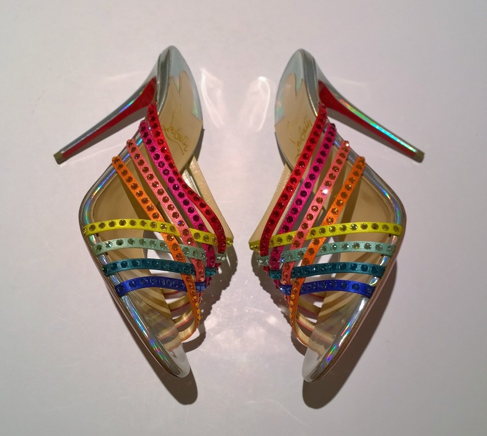 Christian Louboutin Martha Strass 100 Crystal Crepe Satin Mules Sandals - Rainbow Laser Heels for Women | Perfect for Weddings, Parties & Special Occasions
