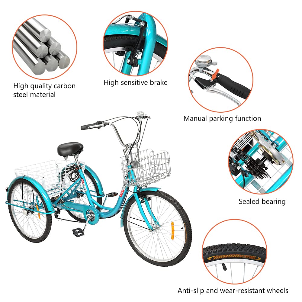 **PEXMOR 7-Speed Adult Tricycle, 24/26 Inch 3-Wheel Bike for Men & Women, Senior Cruiser Trike with Folding Front & Rear Basket - Perfect for Shopping, Recreation, Picnics & Outdoor Activities**