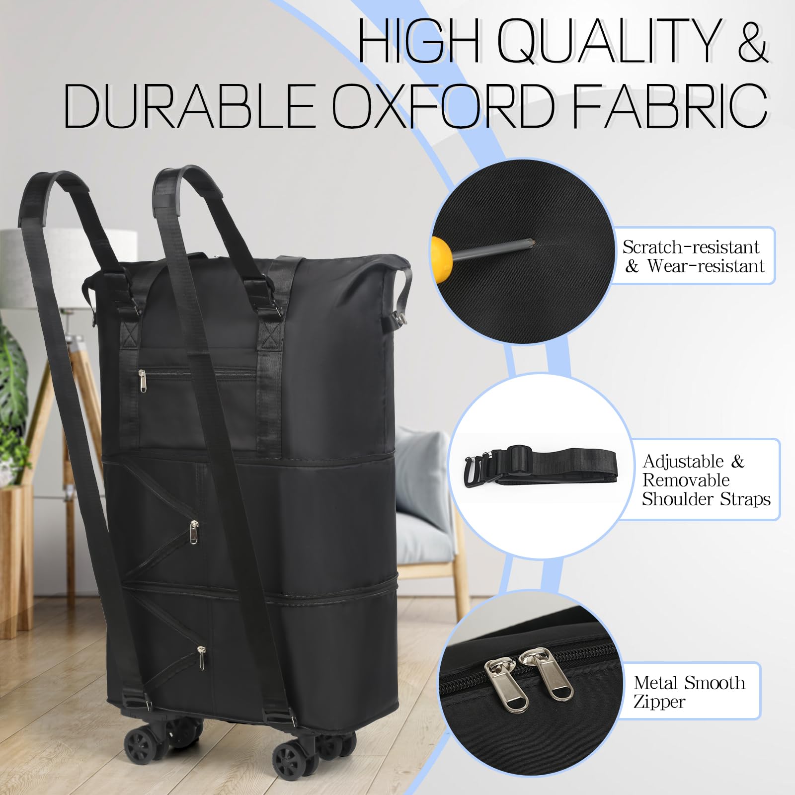 VOOWO Expandable Rolling Duffel Bag with Wheels - Large Foldable Wheeled Travel Duffle for Carry On Luggage, Overnight Weekender Bag - Perfect for Air Travel, Gym, Camping & Weekend Getaways (Black)