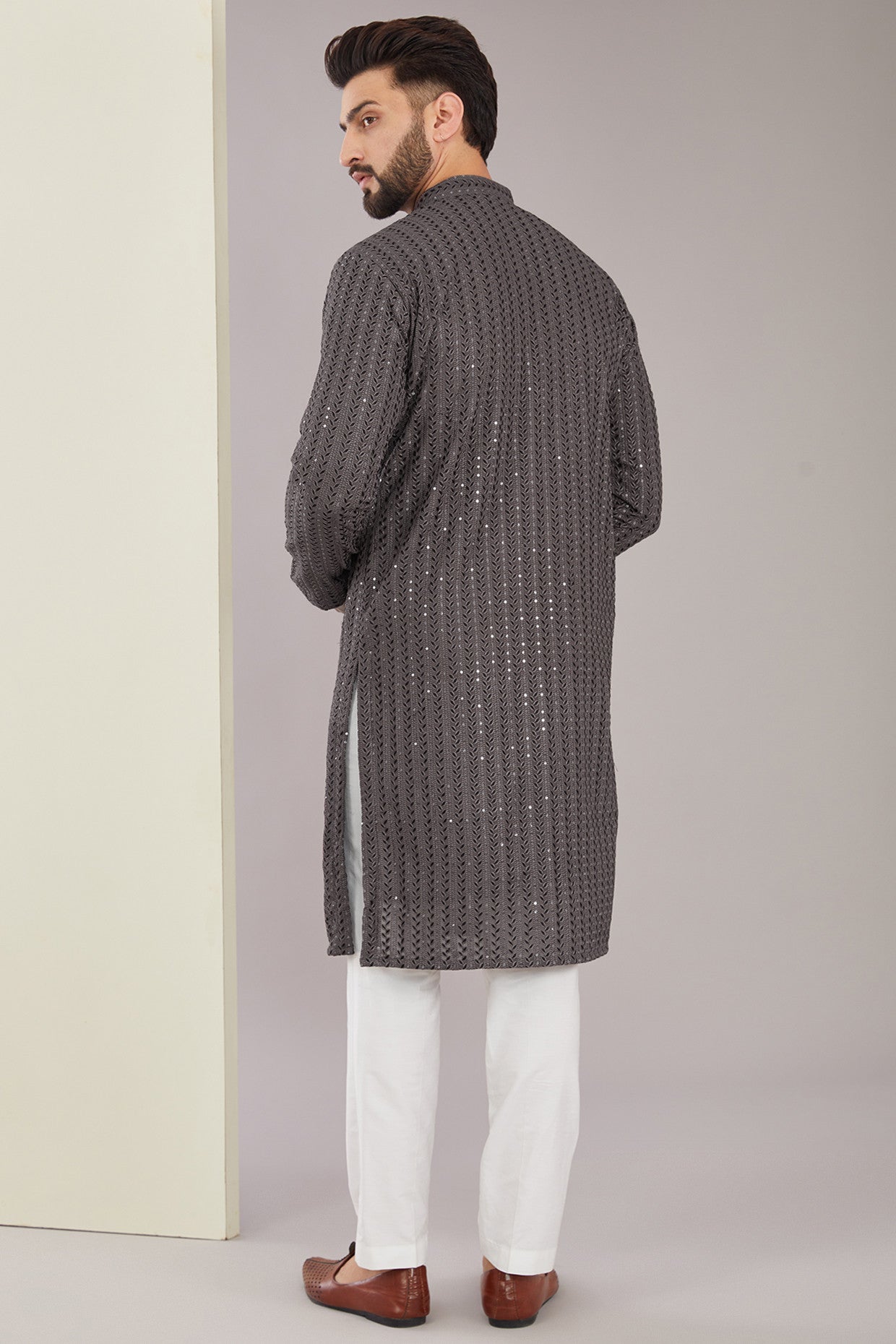 Elegant Metallic Grey Chikankari Kurta for Women - Traditional Indian Embroidered Tunic Top - Perfect for Festivals, Weddings & Special Occasions
