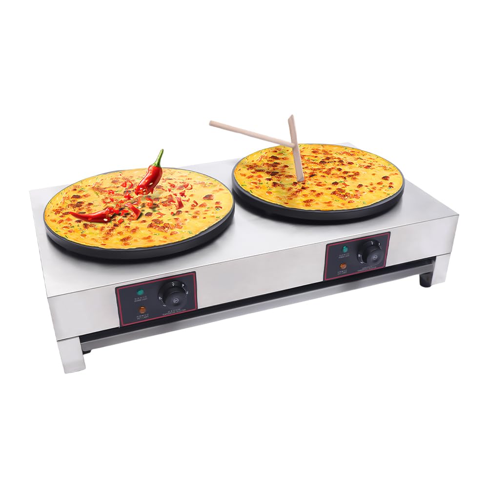 16-Inch Commercial Electric Crepe Maker - 3.4KW Dual Head Pancake Griddle with Adjustable Temperature Control, Stainless Steel & Nonstick Surface - Perfect for Restaurants, Cafes, Food Trucks, and Catering Businesses