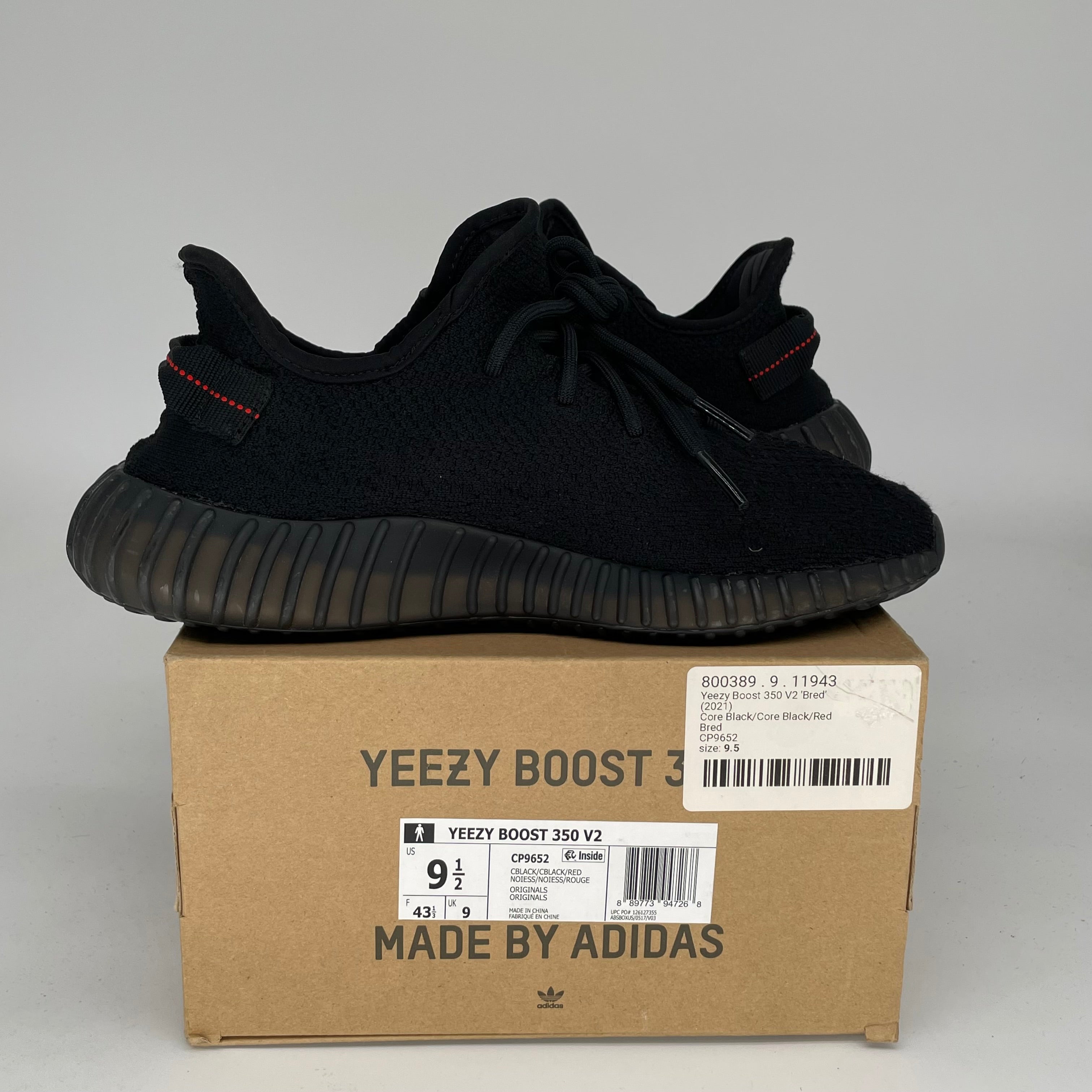 Adidas Yeezy Boost 350 V2 Bred Black Red Sneakers - Men's Size 9.5 (CP9652) | Running, Gym & Casual Wear