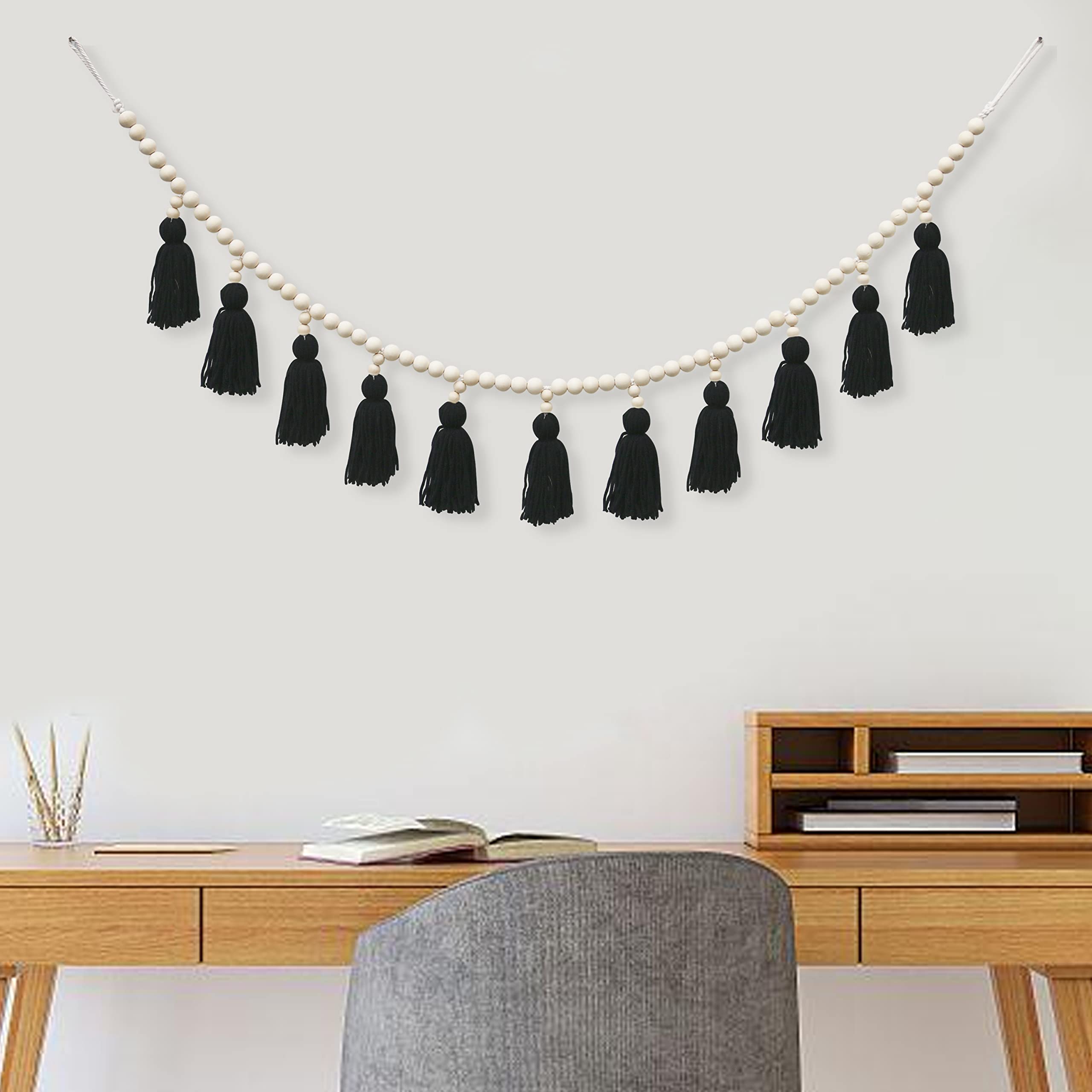 Boho Tassel Garland with Wood Beads - Macrame Wall Hanging Decor for Nursery, Girls Room, Baby Shower & Classroom - Black | Perfect for Boho Home Decor, Wedding Backdrops & Party Decorations