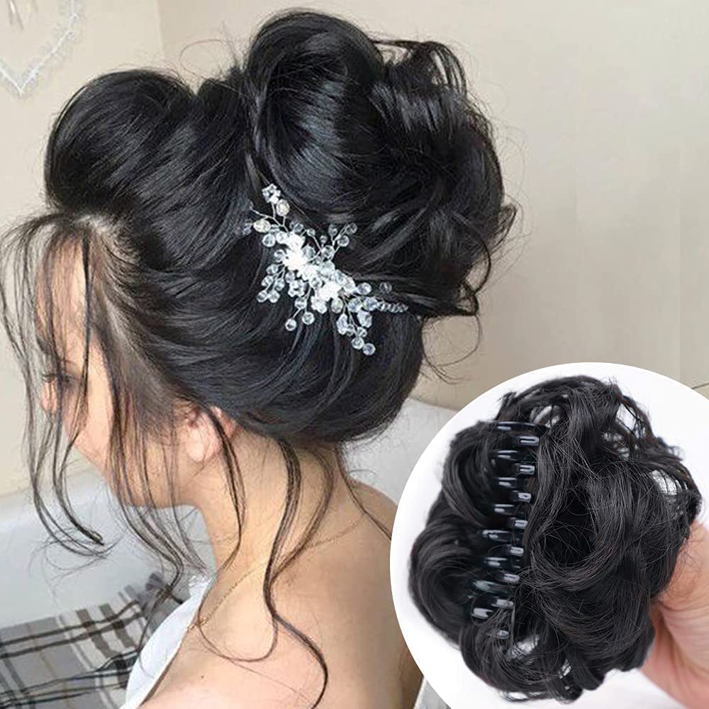 Diversa Juda Hair Clip - Artificial Hair Extension Bun Claw Clips with Clutcher for Women & Girls - Black (Pack of 1) - Perfect for Updos, Ponytails & Hair Styling