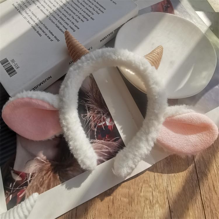 CALLARON Sheep Ear Headband with Horns - Cute Animal Hairband for Women & Kids - Goat Costume Accessory for Halloween, Cosplay, Parties & Festivals - 9.04x9.82 Inch Furry Headwear