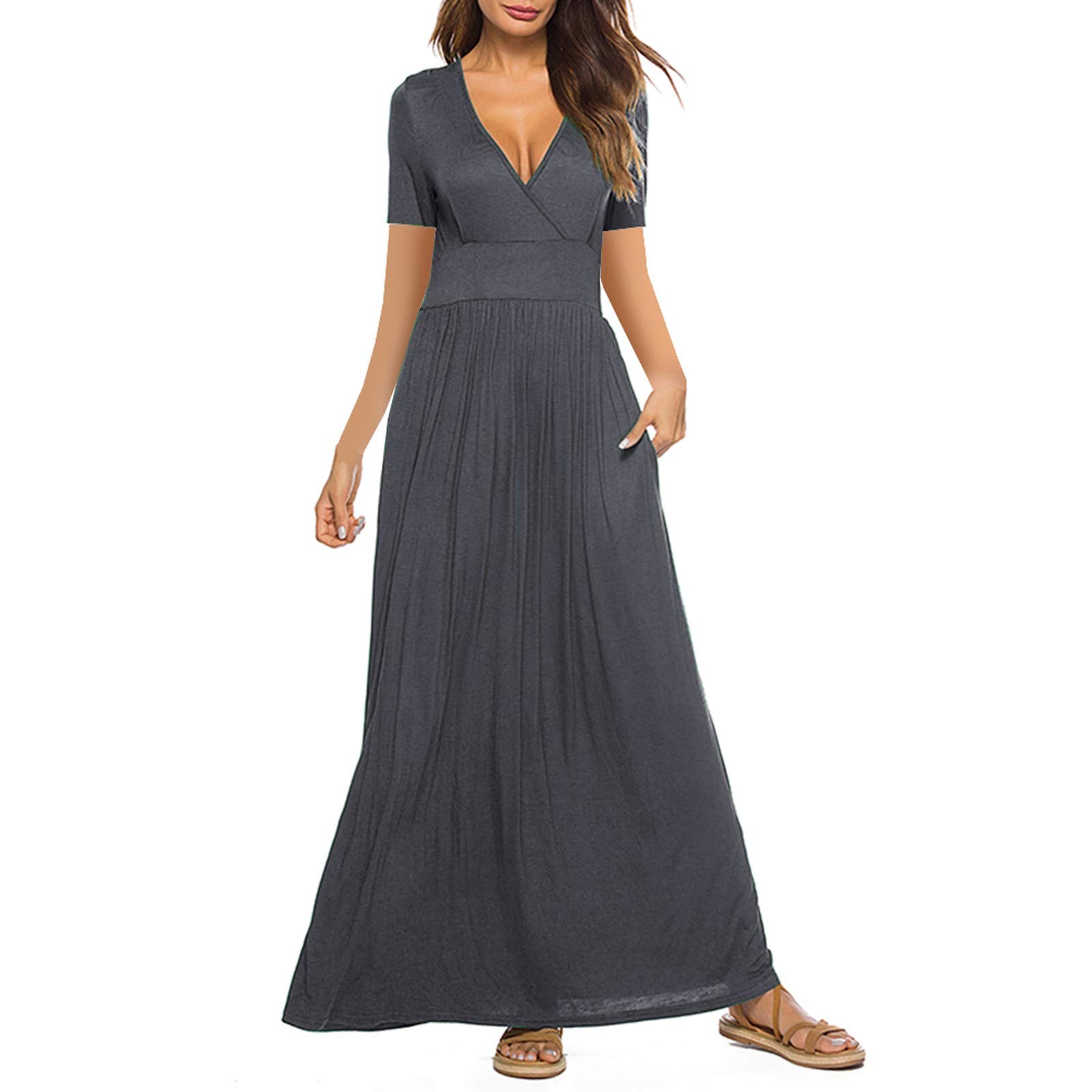 Women's Long Skirt Dress - Casual Short Sleeve Solid Color Comfortable Loose Dress with Pockets | Perfect for Summer Outfits, Beach Wear, Office Attire and Daily Comfort