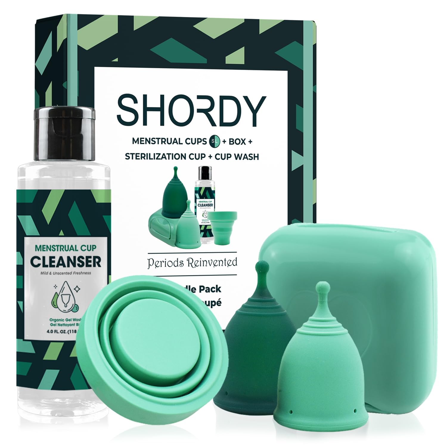 SHORDY Menstrual Cup Kit for Beginners - pH Balanced Gel Cleaner, Collapsible Sterilizer Cup & Soft Silicone Period Cups (Small/Large) | Reusable Alternative to Tampons & Pads | Perfect for Travel, Gym & Active Lifestyle