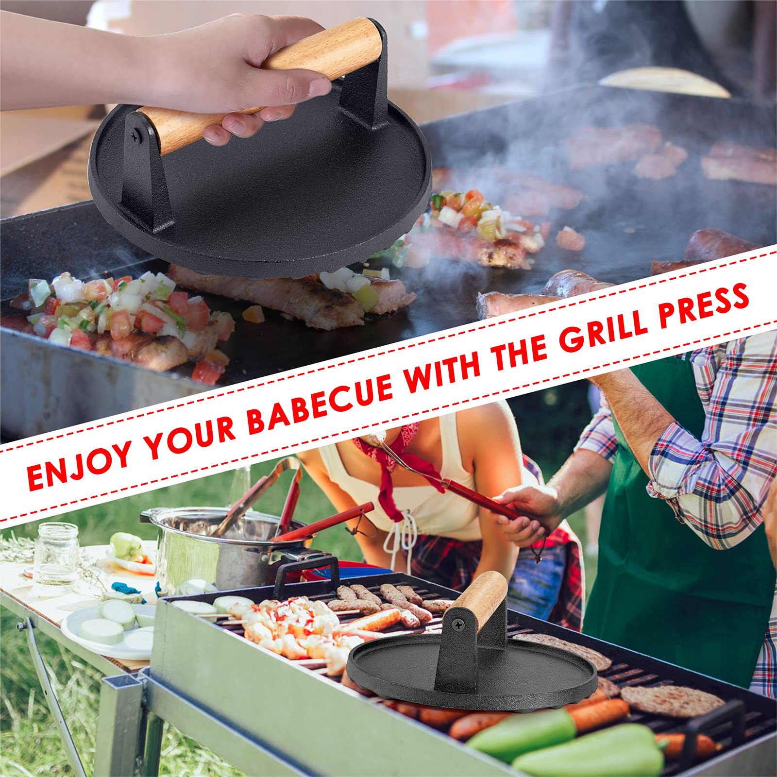 Premium HaSteeL Cast Iron Grill Press - Heavy Duty 7 Inch Bacon & Burger Press with Ergonomic Wooden Handle | Pre-Seasoned Steak Weight for Flat Top Griddle, Teppanyaki, BBQ | Perfect for Indoor & Outdoor Cooking, Camping, Backyard Parties (2-Piece Set)