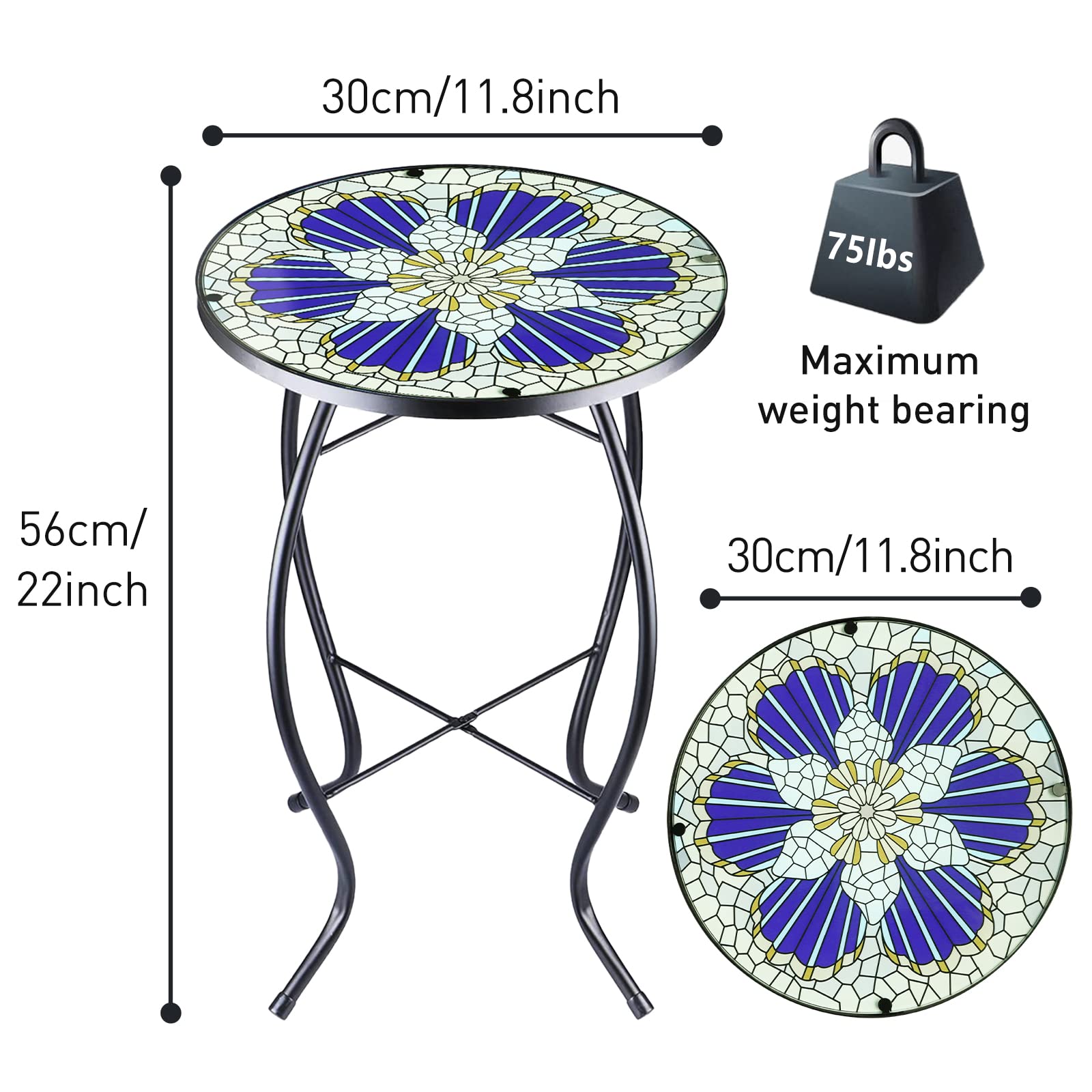 14 Inch Blue Morning Glory Glass Mosaic Outdoor Side Table - Round Patio Coffee Table for Living Room, Balcony, Garden | Perfect for Tea Time, Reading Nook & Small Space Decor