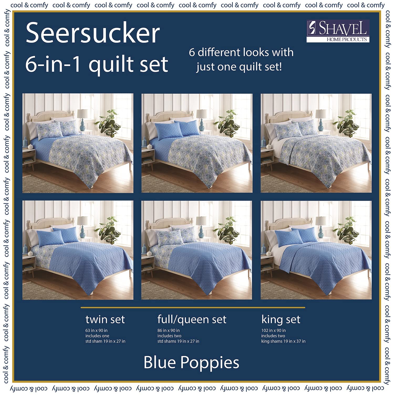 Shavel Home Products Seersucker 6-in-1 Quilt Set King Size - Blue Poppies Floral Design | Soft & Breathable Bedding Set for All Seasons | Perfect for Master Bedroom, Guest Room & Vacation Homes
