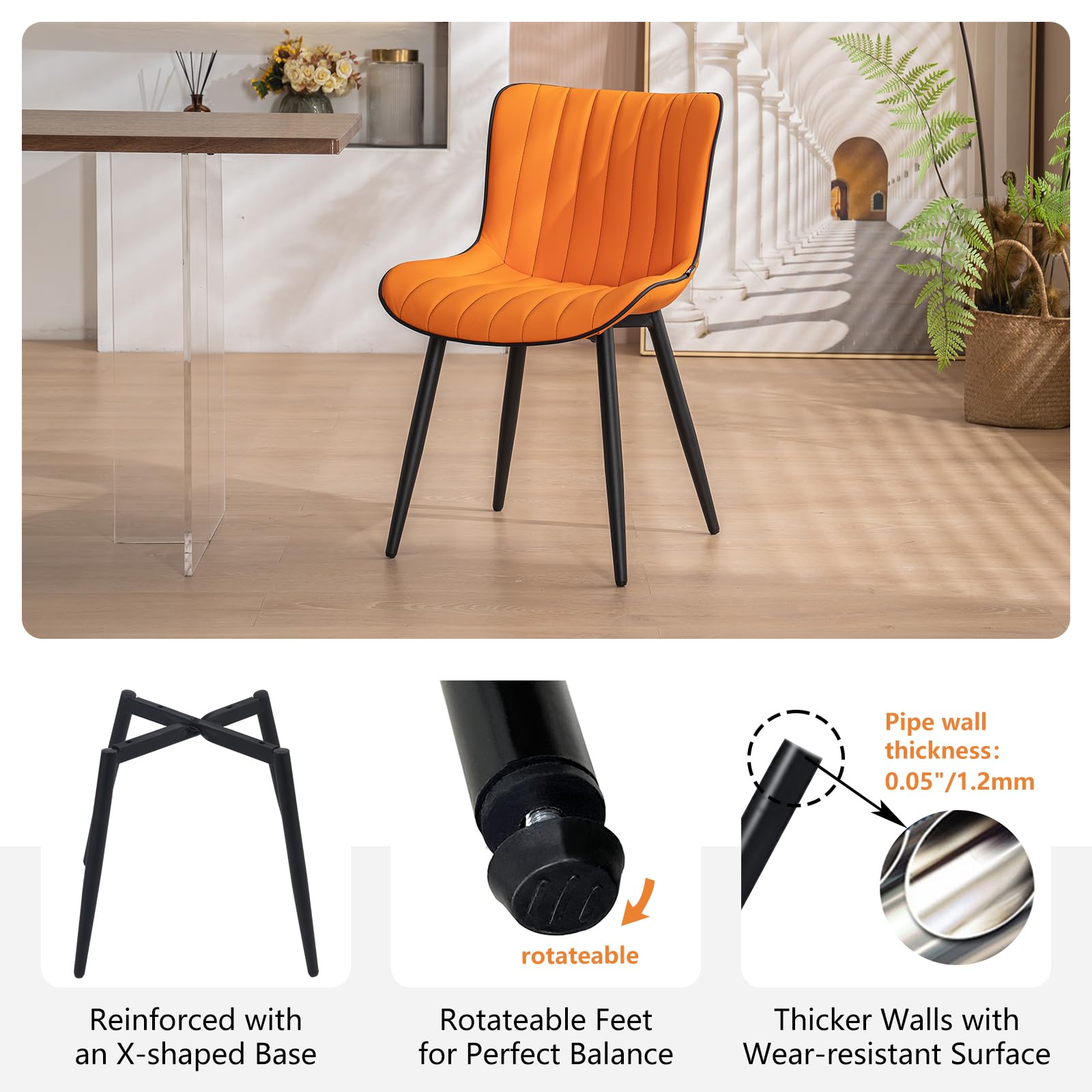 YOUNUOKE Mid Century Modern Dining Chairs Set of 2 - Orange Upholstered Armless Kitchen Chairs with Faux Leather & Metal Legs - Perfect for Dining Room, Kitchen, Living Room, Reception Area and Guest Bedroom