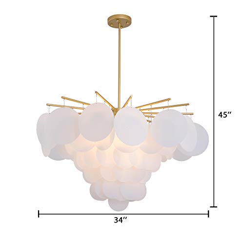 LITFAD 6-Light Modern Sputnik Chandelier with Acrylic Disc - Gold & White Designer Pendant Light for Living Room, Dining Room, Bedroom - 34