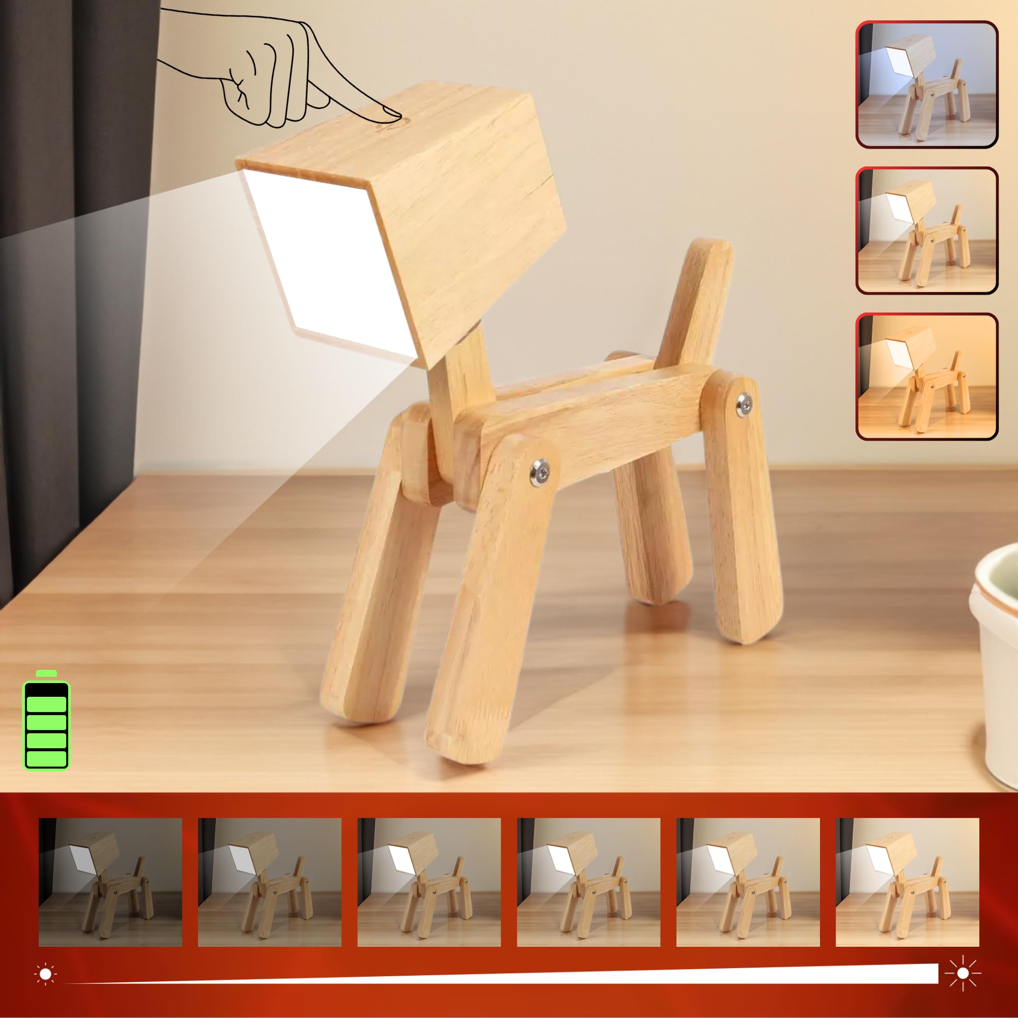 Adjustable Wooden Dog Table Lamp - Cute Animal Night Light for Kids Room, Bedroom & Office | Dimmable Touch Control Desk Lamp with Warm White Light | Perfect Gift for Pet Lovers & Home Decor