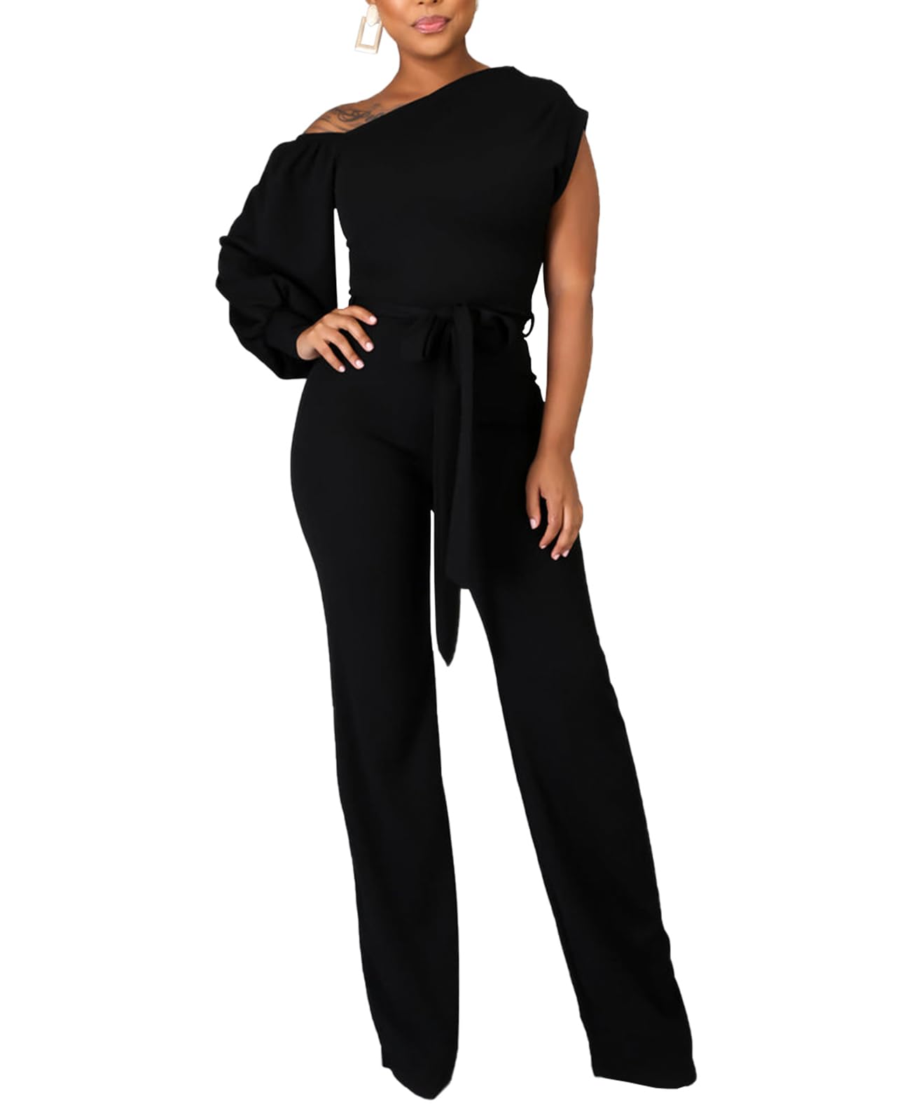 DeftSharp 2025 Women's Sexy Cocktail Party Romper - Back Zip Belt Long Jumpsuit for Clubwear, Casual Work & Night Out | Perfect for Parties, Dating & Office Wear