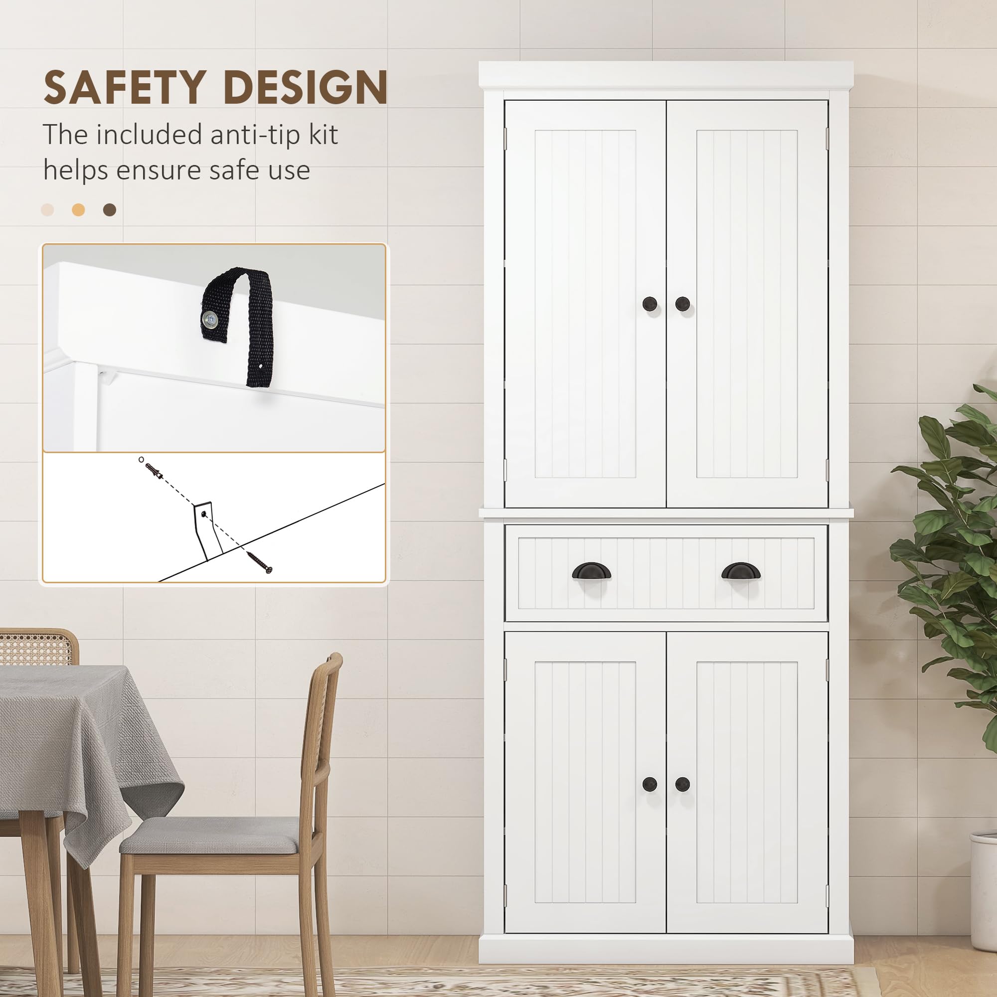 HOMCOM 183cm Freestanding Kitchen Cupboard - 4-Door Tall Storage Cabinet with 3 Adjustable Shelves, White Traditional Pantry for Dining Room & Kitchen Organization | Perfect for Small Spaces, Apartment Living & Home Storage Solutions