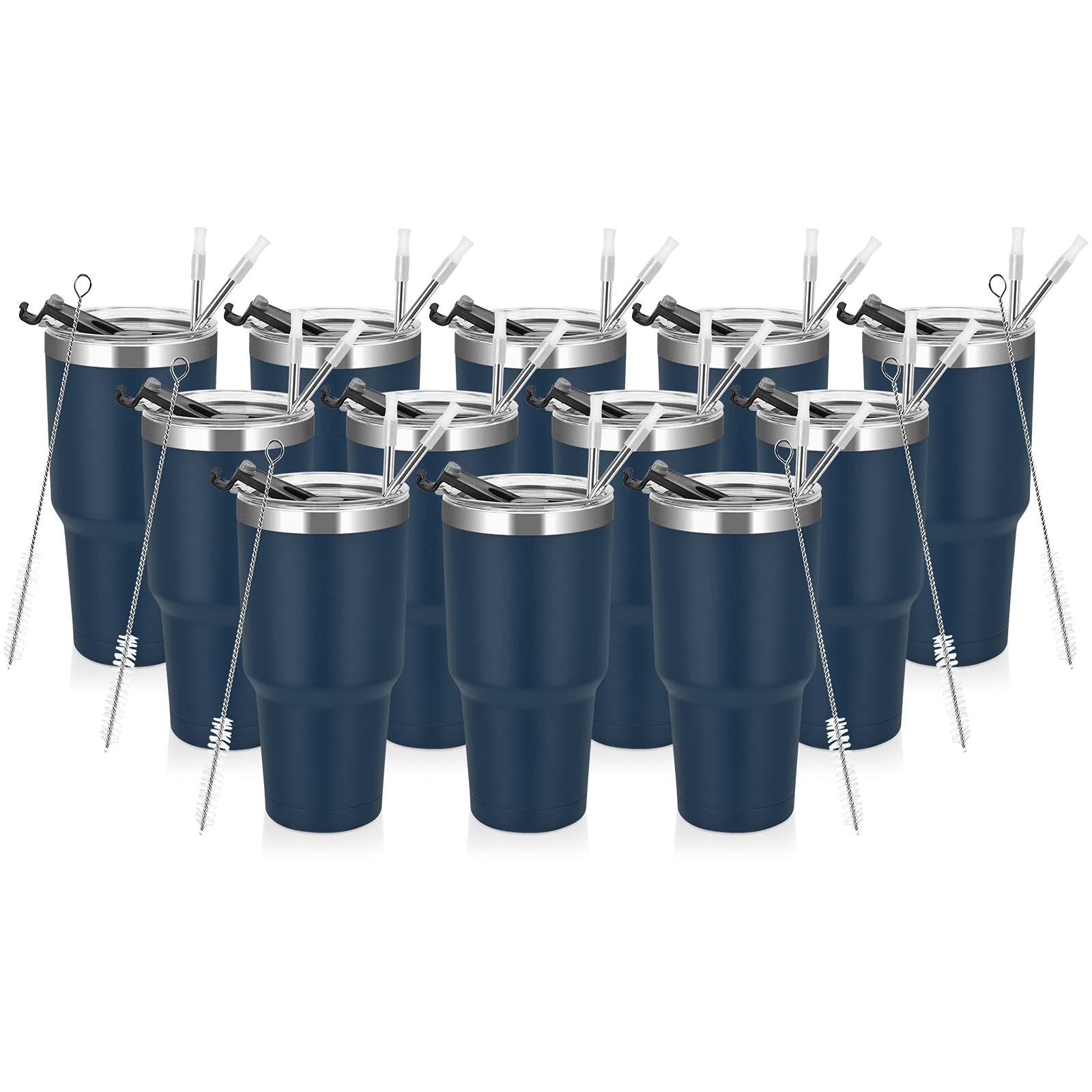 12 Pack 30oz Stainless Steel Insulated Tumblers - Double Wall Vacuum Coffee Cups with Lids & Straws, Durable Powder Coated Travel Mugs (Dark Blue) - Perfect for Hot/Cold Drinks, Office, Camping, Gym & Outdoor Activities