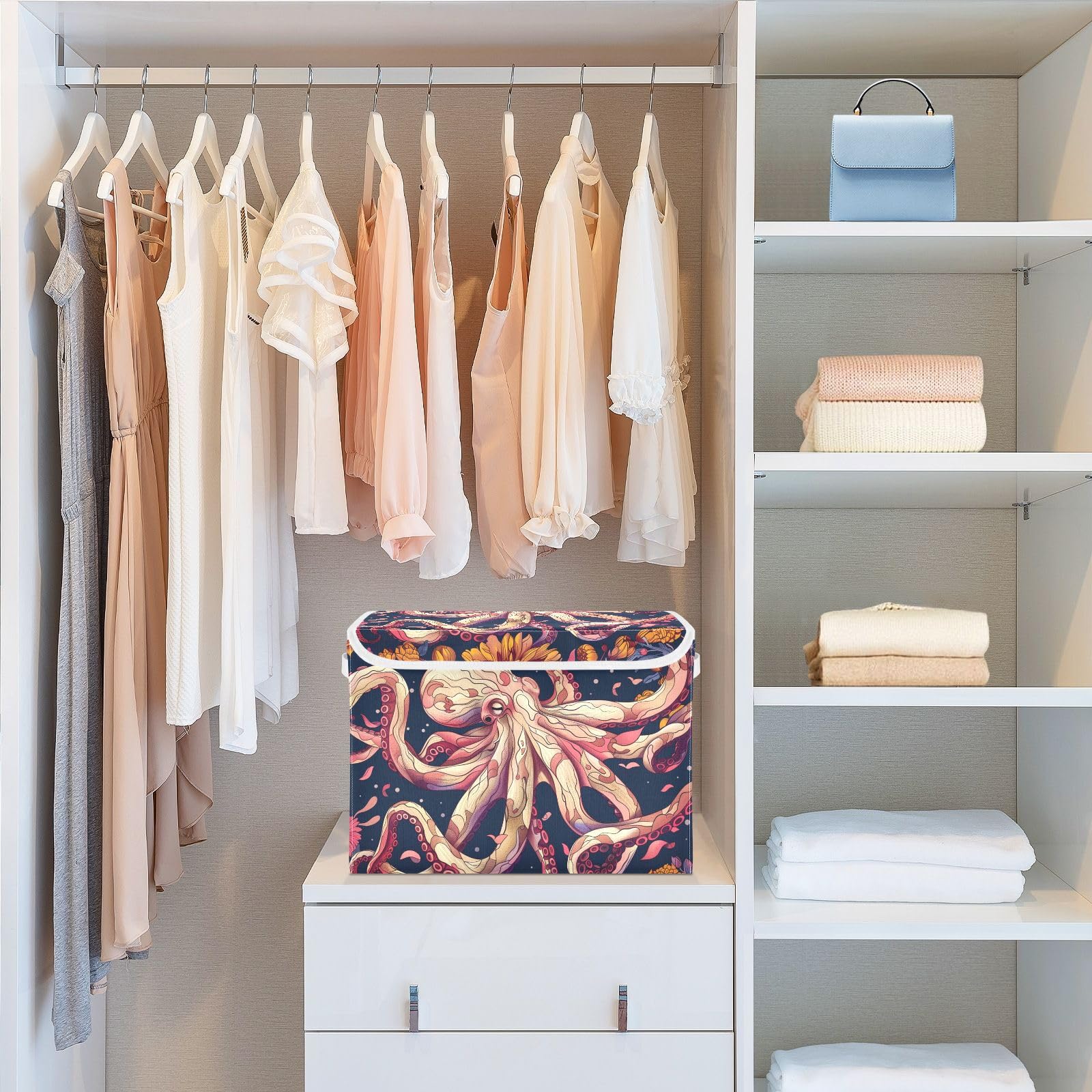 Collapsible Storage Bins with Lids - Octopus Pattern Foldable Organizer Baskets for Clothes, Toys & Home Organization | Perfect for Bedroom, Nursery & Laundry Room Storage