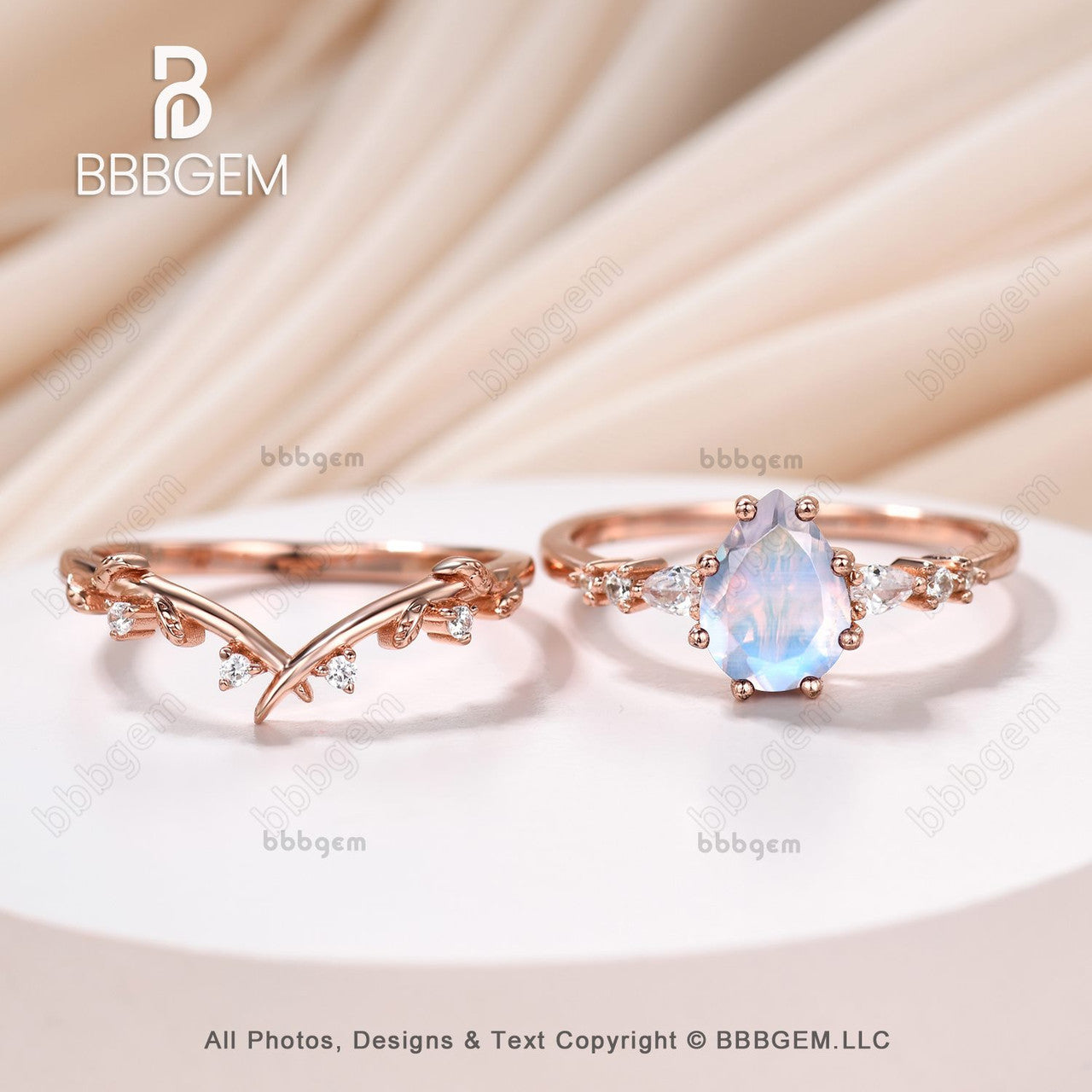 Pear Cut Moonstone & Moissanite Promise Ring Set for Women - Nature Inspired Leaf Stacking Band - Perfect for Engagement, Wedding, Anniversary Gifts & Everyday Boho Jewelry