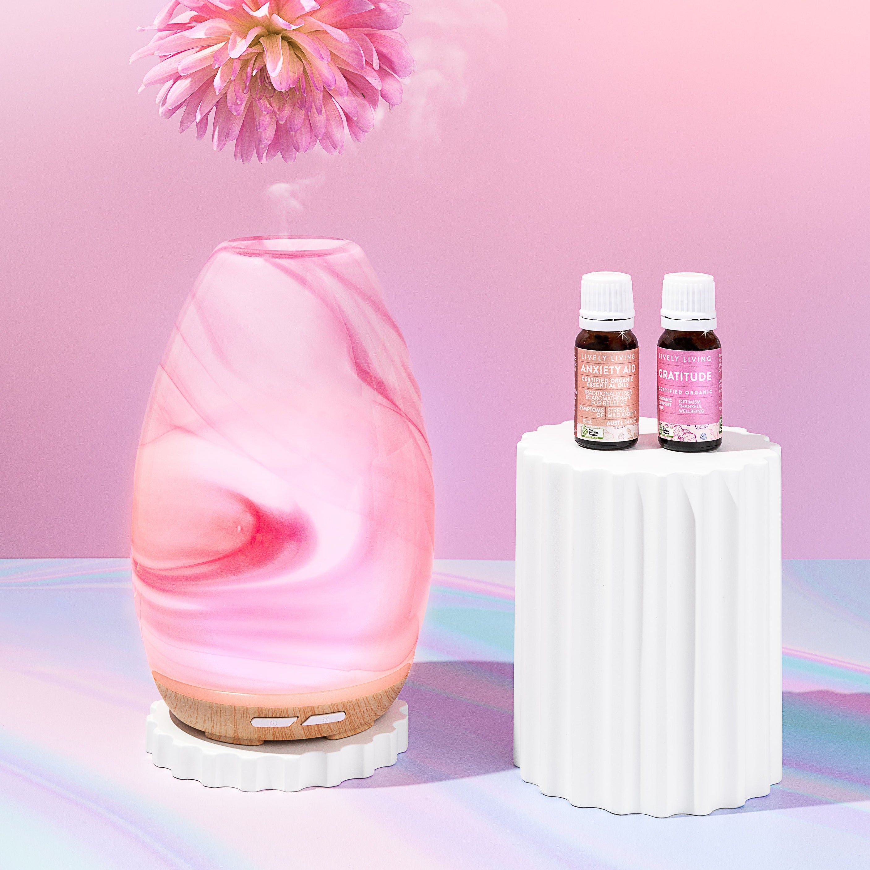 Pink Glass Aroma Diffuser with Swirl Design + I Love You Essential Oil Trio Set for Home Relaxation & Aromatherapy