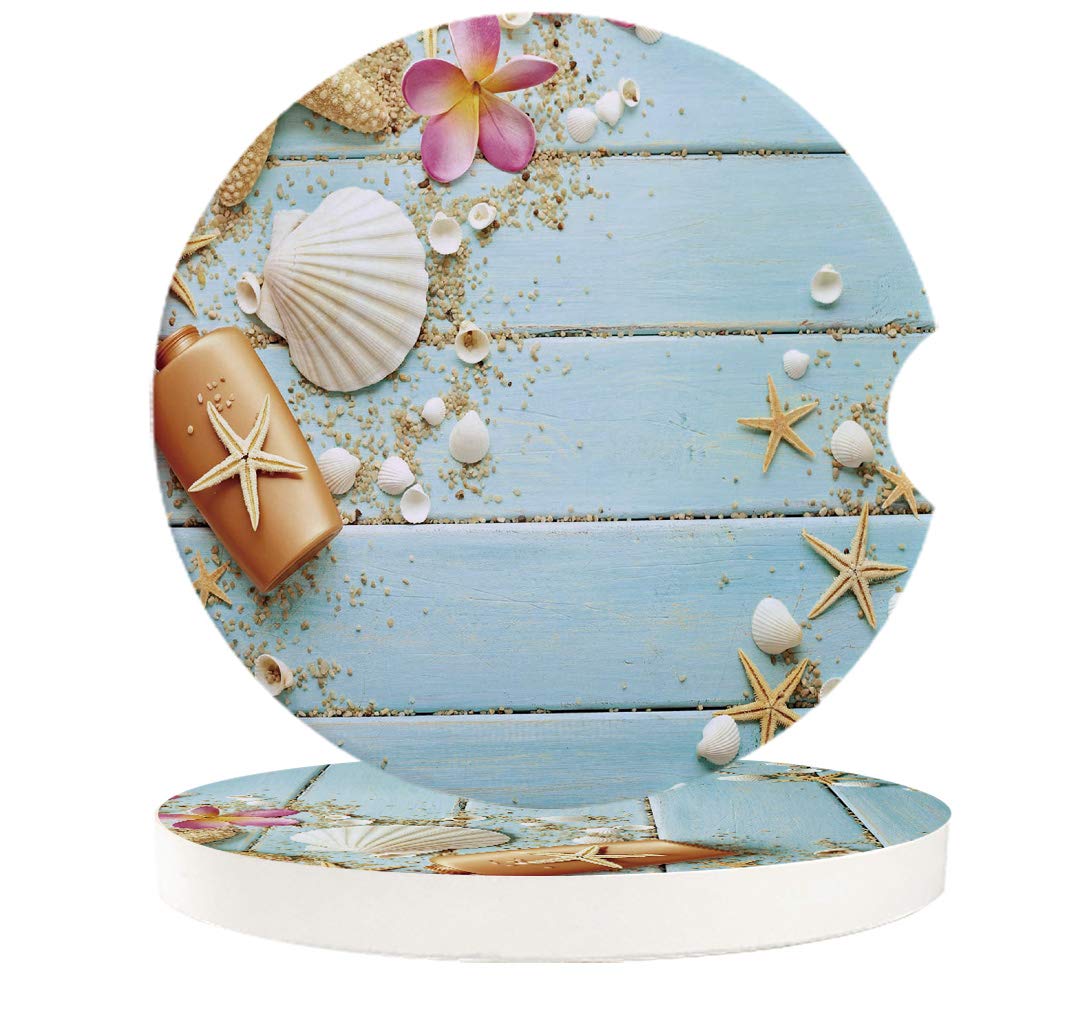 Stylish Ceramic Car Coasters Set of 2 - Absorbent Cup Holder Coasters for Women & Men, Beach-Themed Starfish & Seashell Design - Perfect for Cars, Office, Kitchen & Coastal Home Decor