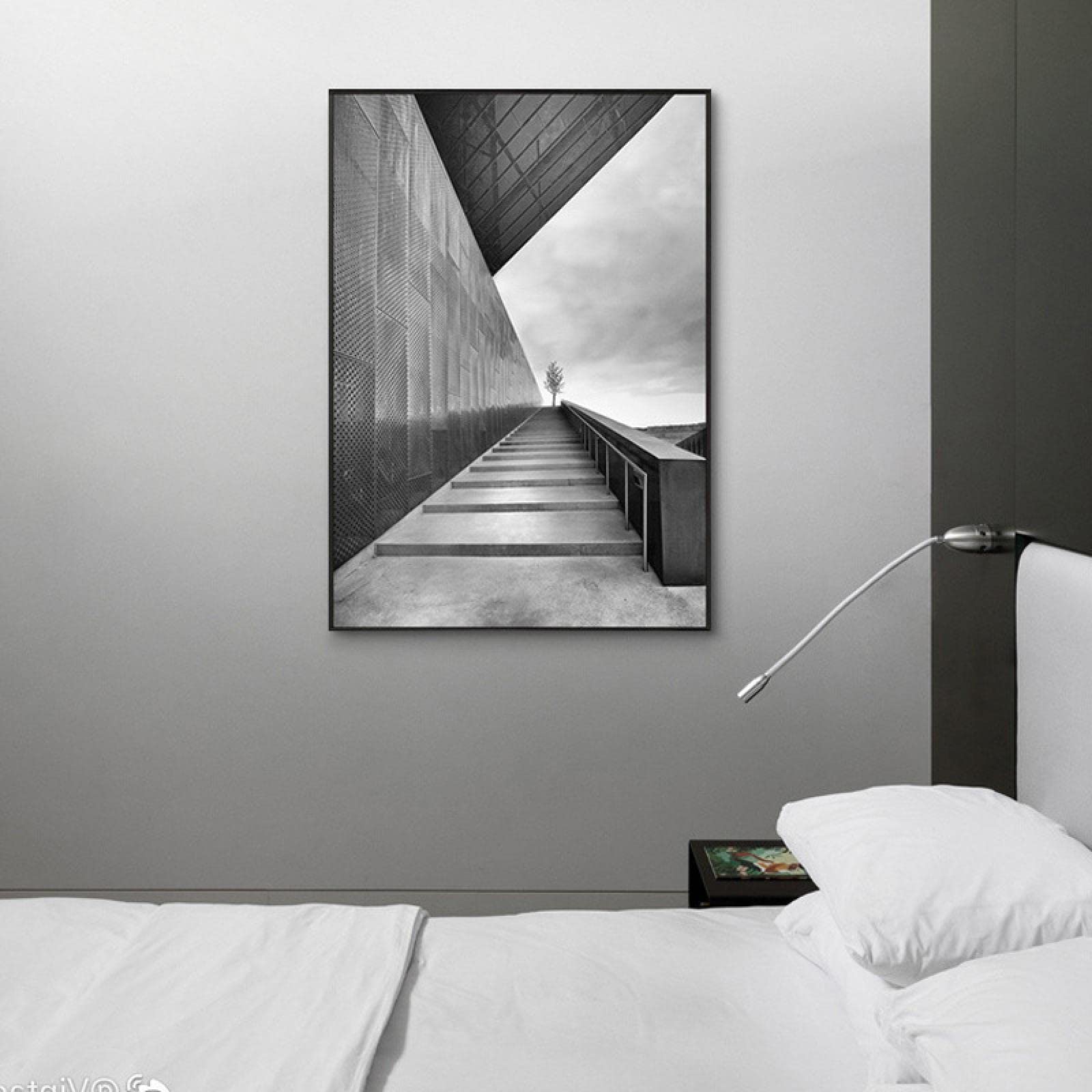 Modern Nordic Black & White Staircase Landscape Photography Art Poster - Minimalist Home Decor for Living Room, Bedroom, Porch Wall Art