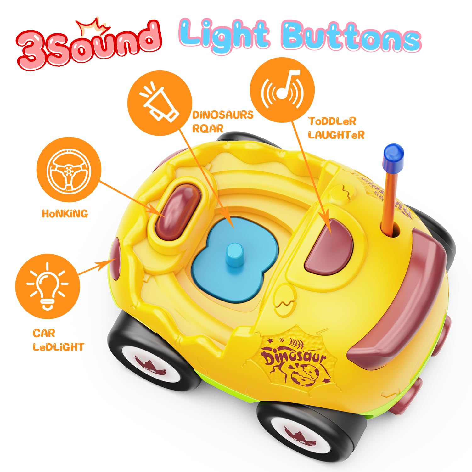 2 Pack Remote Control Dinosaur Toy Cars for Kids Ages 2-6 - RC Cars with Music, Lights & Sound Effects | Birthday Gift for Boys & Girls (Yellow & Green) | Indoor Play, Outdoor Adventure & STEM Learning Toys