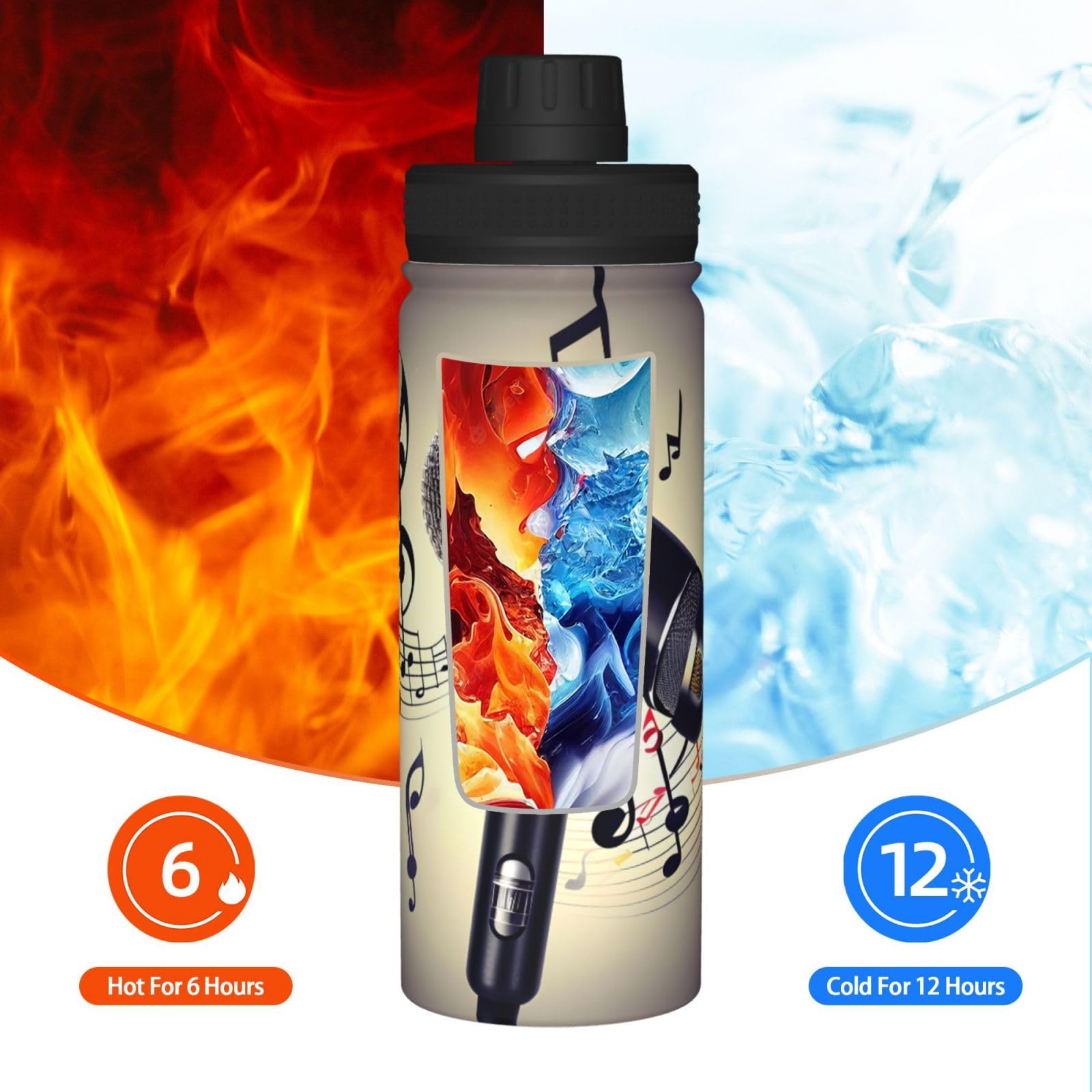 HJLUUFT Stainless Steel Insulated Sports Water Bottle with Built-in Mic & Music Notes - Perfect for Outdoor Activities, Commuting & Gym Workouts