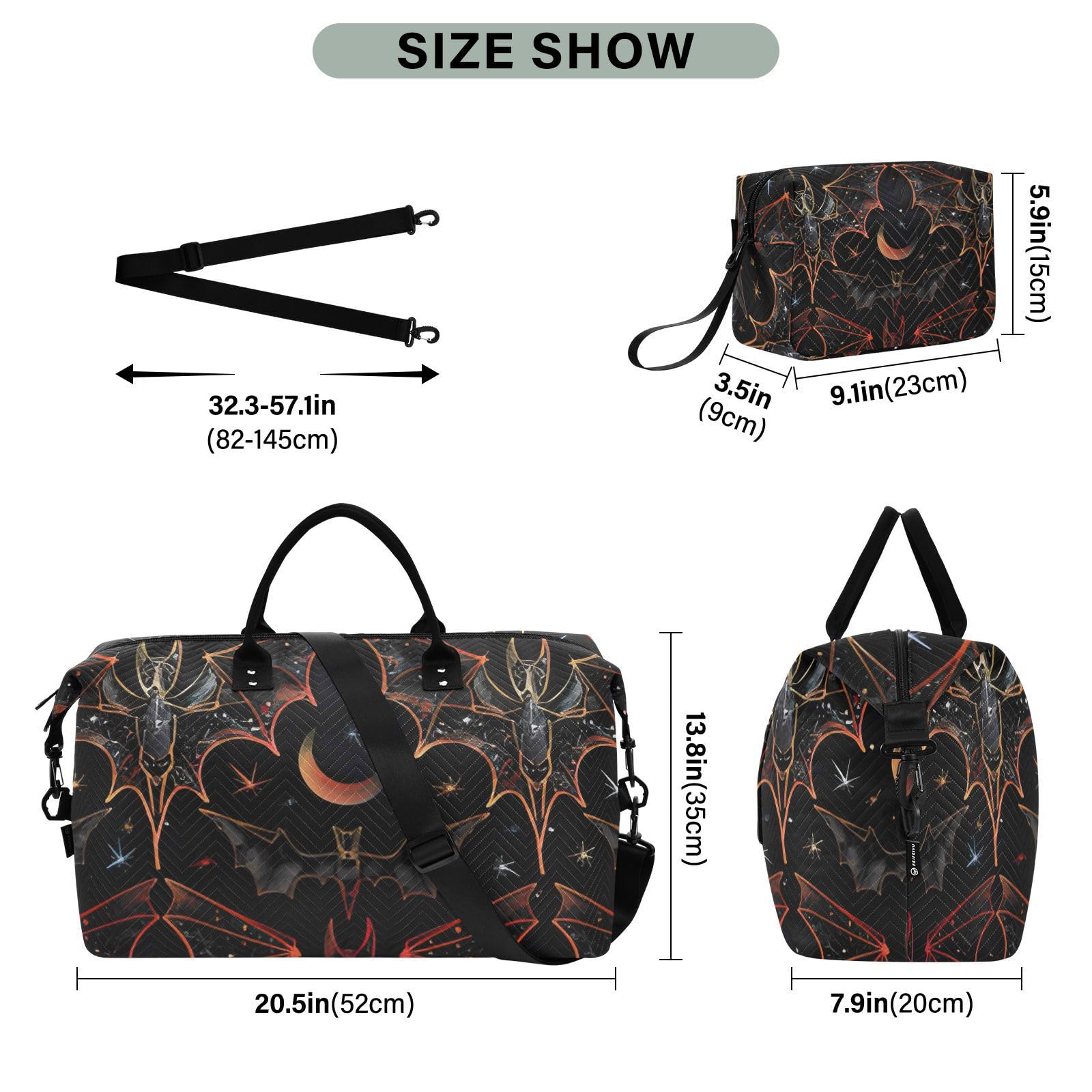 Gothic Bat Print Weekender Duffle Bag for Women - Gym, Swim & Travel Tote with Detachable Toiletry Pouch | Perfect for Workouts, Beach Trips & Weekend Getaways