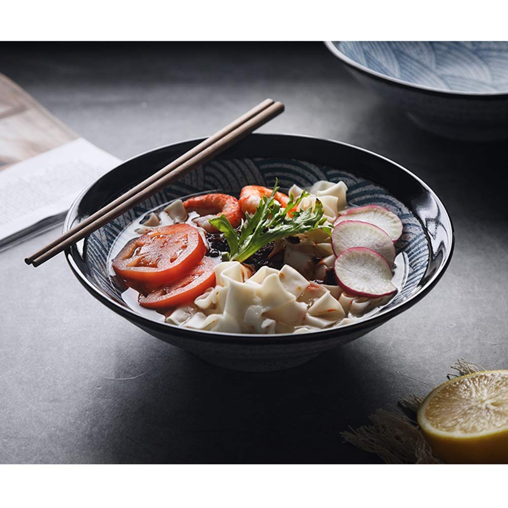 44oz Porcelain Soup Bowls Set with Chopsticks - Microwave & Dishwasher Safe Stackable Wavy Pasta Bowls for Cereal, Stew, Ice Cream - Perfect for Dining, Entertaining & Meal Prep