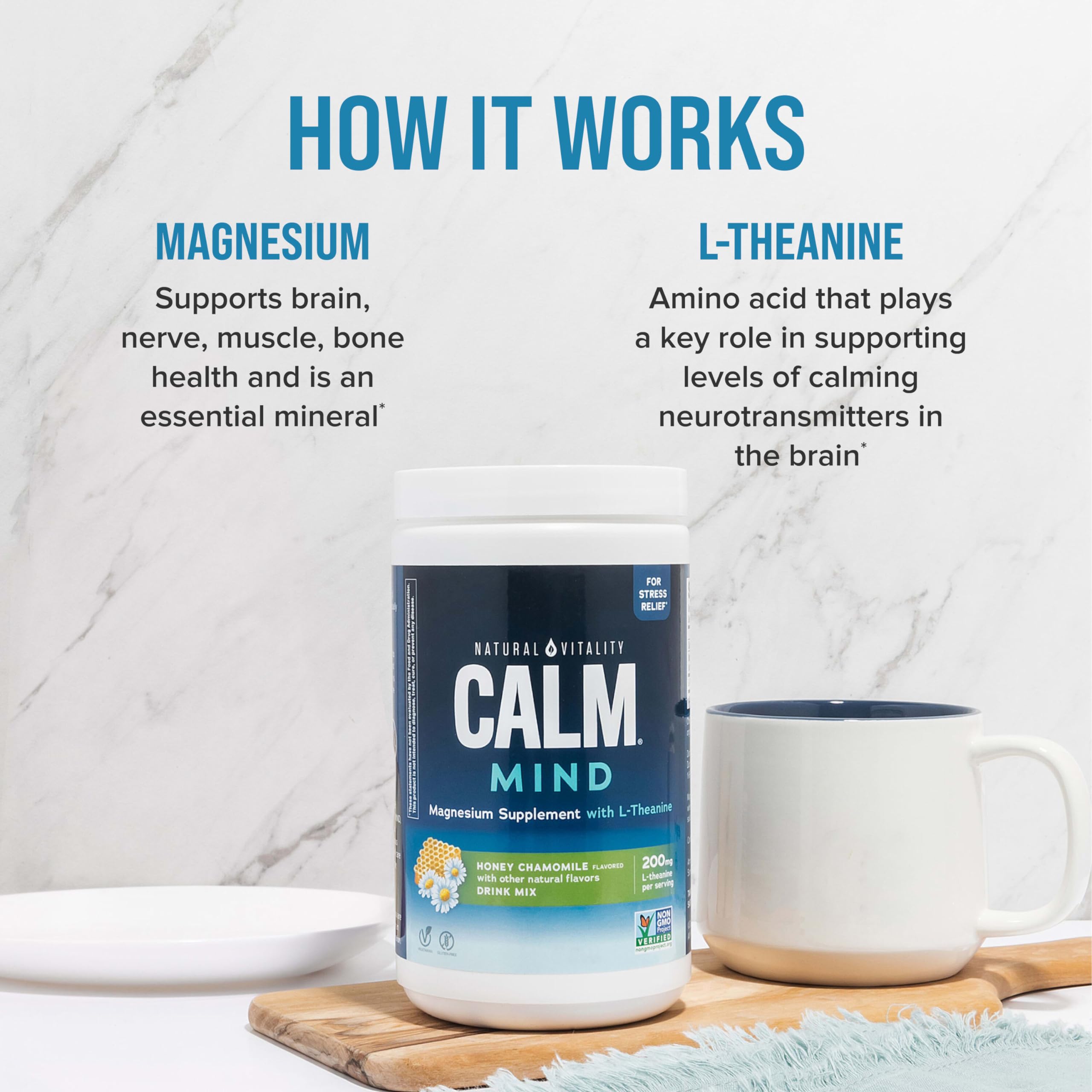 Natural Vitality Calm Mind Magnesium Citrate + L-Theanine Powder - Stress Relief Supplement for Relaxation & Sleep Support, Gluten Free & Vegetarian, Honey Chamomile Flavor, 12 oz - Perfect for Daily Stress Management & Nighttime Relaxation