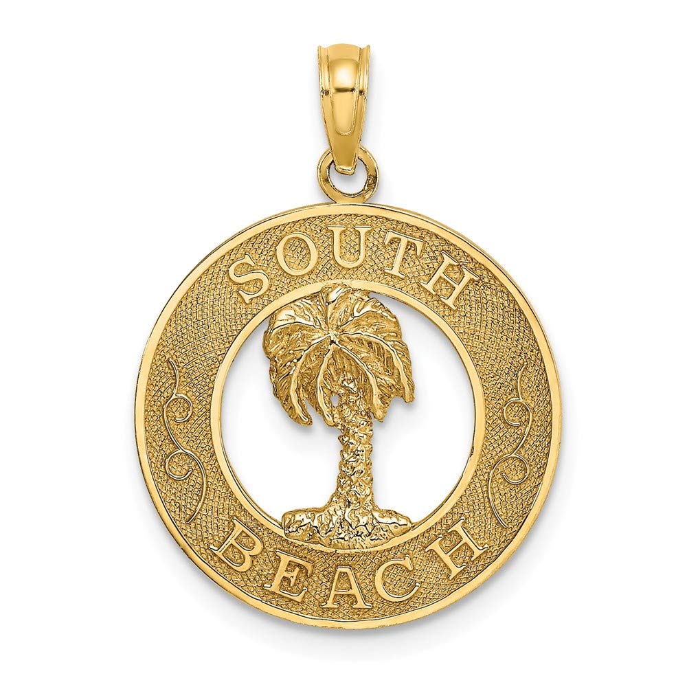 14K Yellow Gold South Beach Round Frame Necklace with Palm Tree Pendant - Elegant Beach Jewelry for Vacation, Summer Outfits & Tropical Parties