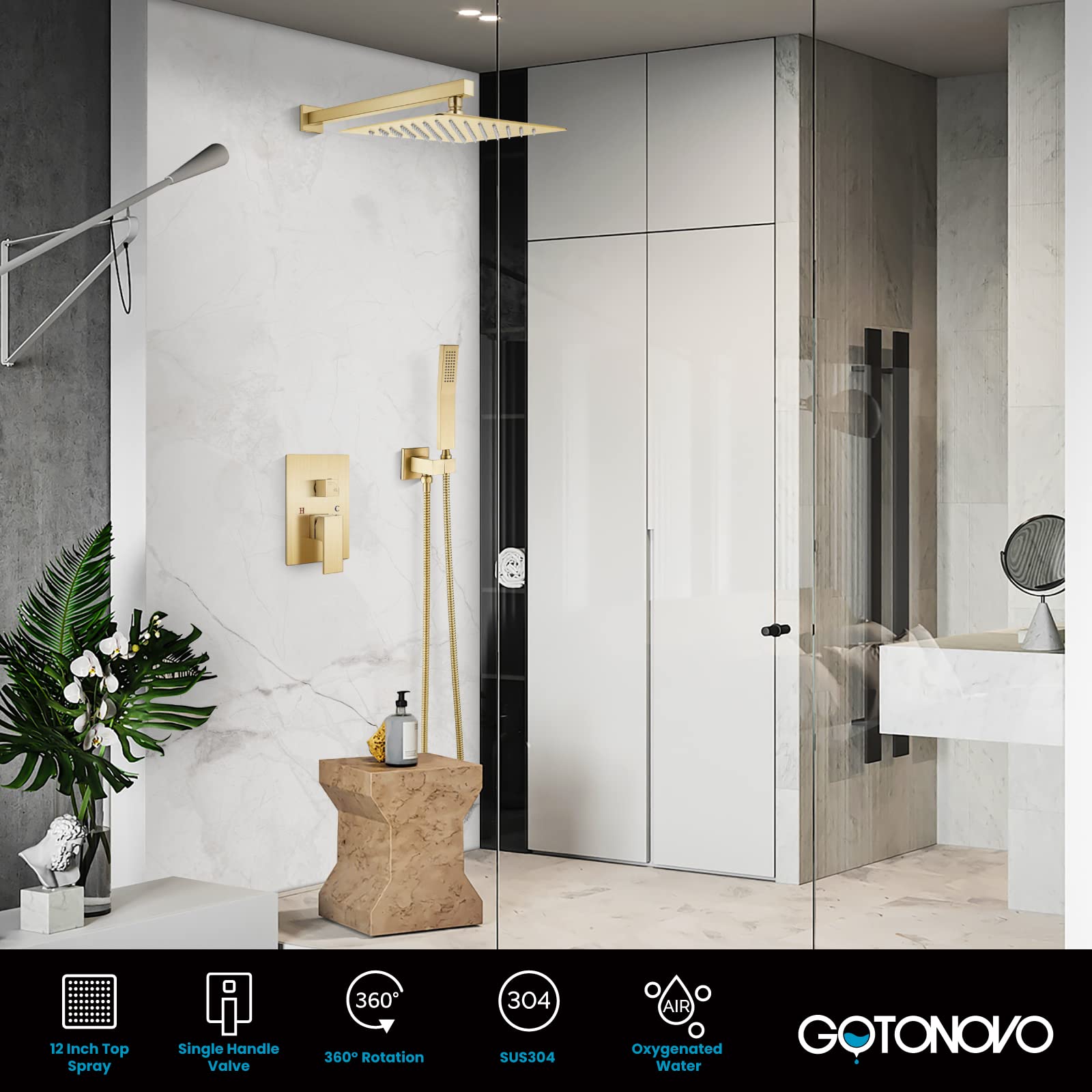 Gotonovo Rainfall Shower System - 12 Inch Brushed Gold Wall Mounted Shower Head with Pressure Balancing Mixer Valve - Complete Bathroom Shower Combo for Luxurious Spa Experience at Home