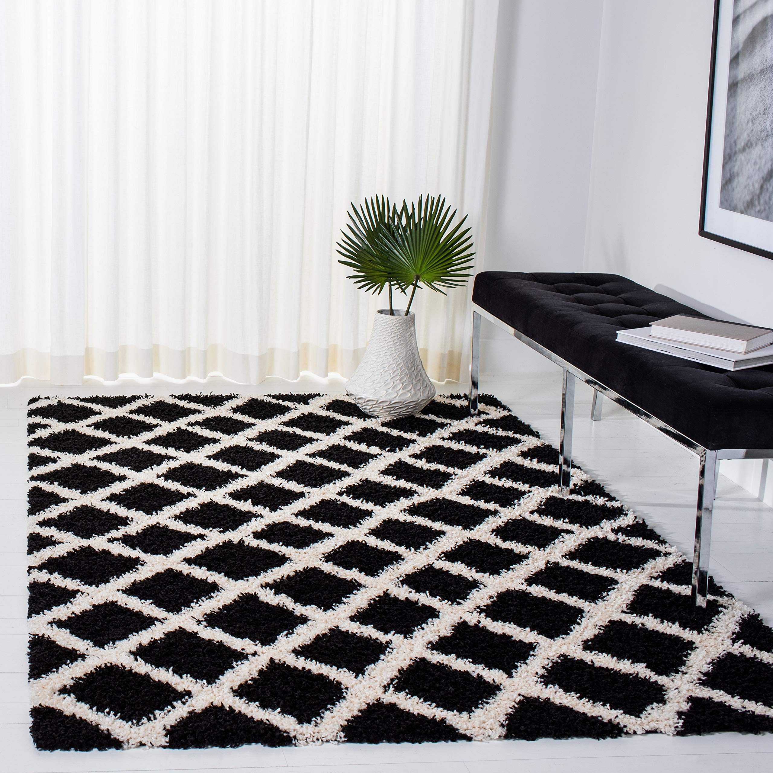 SAFAVIEH Dallas Shag Collection 6'x6' Square Area Rug - Black/Ivory Trellis Pattern, Non-Shedding & Plush 1.5-inch Thick - Perfect for Living Room, Bedroom, Dining Room & Entryway - Soft & Durable Home Decor for Cozy Spaces
