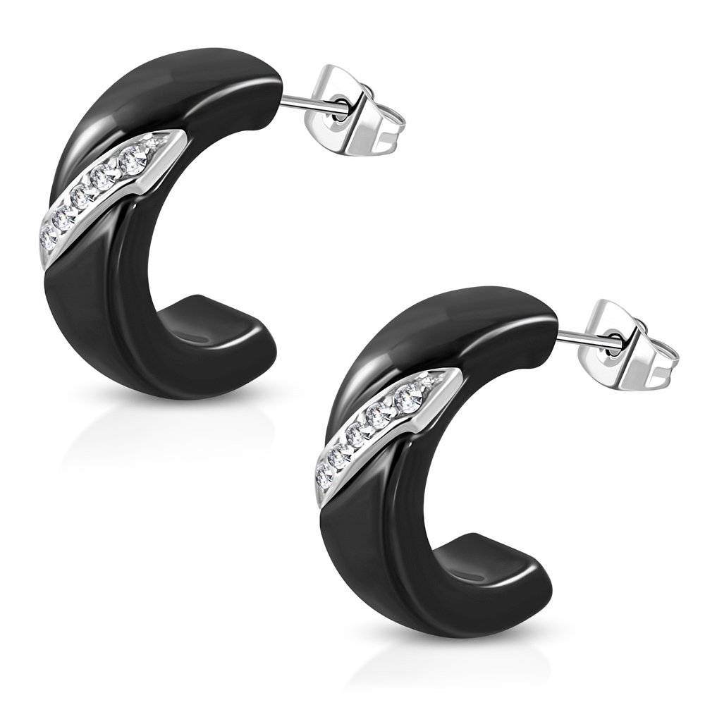 Stainless Steel Paved Inlay Ceramic Half Hoop Stud Earrings with Clear Cubic Zirconia - Elegant CZ Stud Earrings for Women, Perfect for Parties, Weddings & Everyday Wear