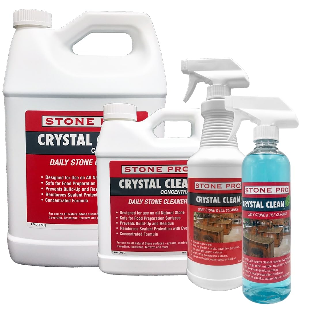 Stone Pro Crystal Clean - Premium Surface Cleaner & Sealer Concentrate (32 oz Quart) for Granite, Marble, Quartz Countertops - Perfect for Kitchen, Bathroom & Outdoor Stone Surfaces