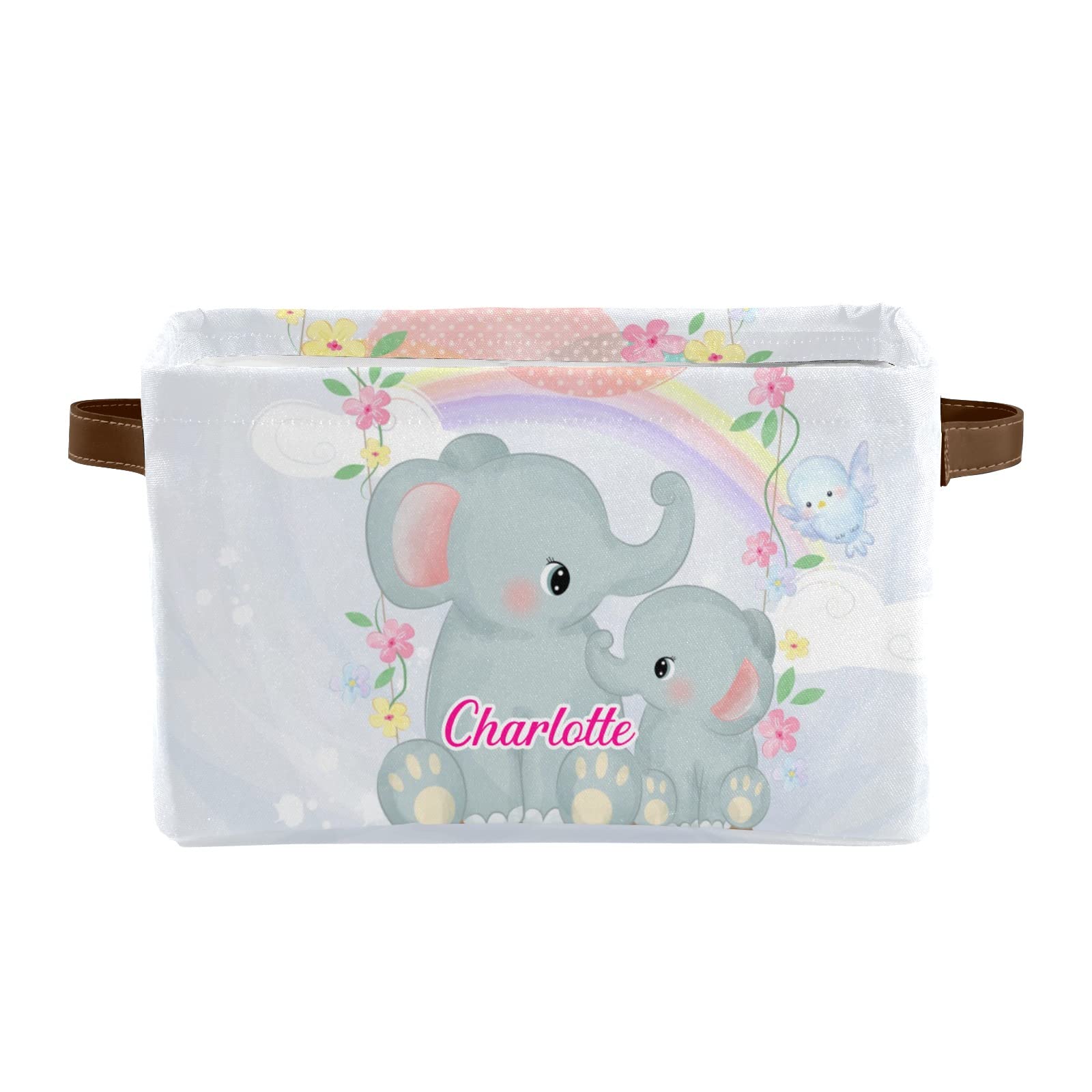 Personalized Mommy and Baby Elephant Canvas Storage Basket with Name - 2 Pack Laundry Organizer for Nursery, Bedroom, Closet & Shelf - Durable Handle Storage Bins for Baby Clothes, Toys & Blankets