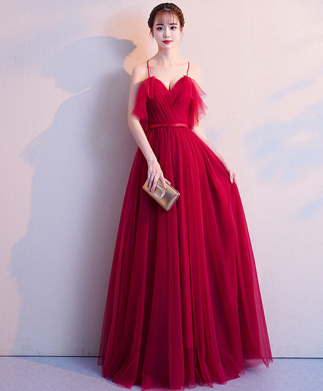 Elegant Burgundy Tulle Long Prom Dress for Women - Formal Evening Gown for Homecoming, Wedding, and Special Occasions