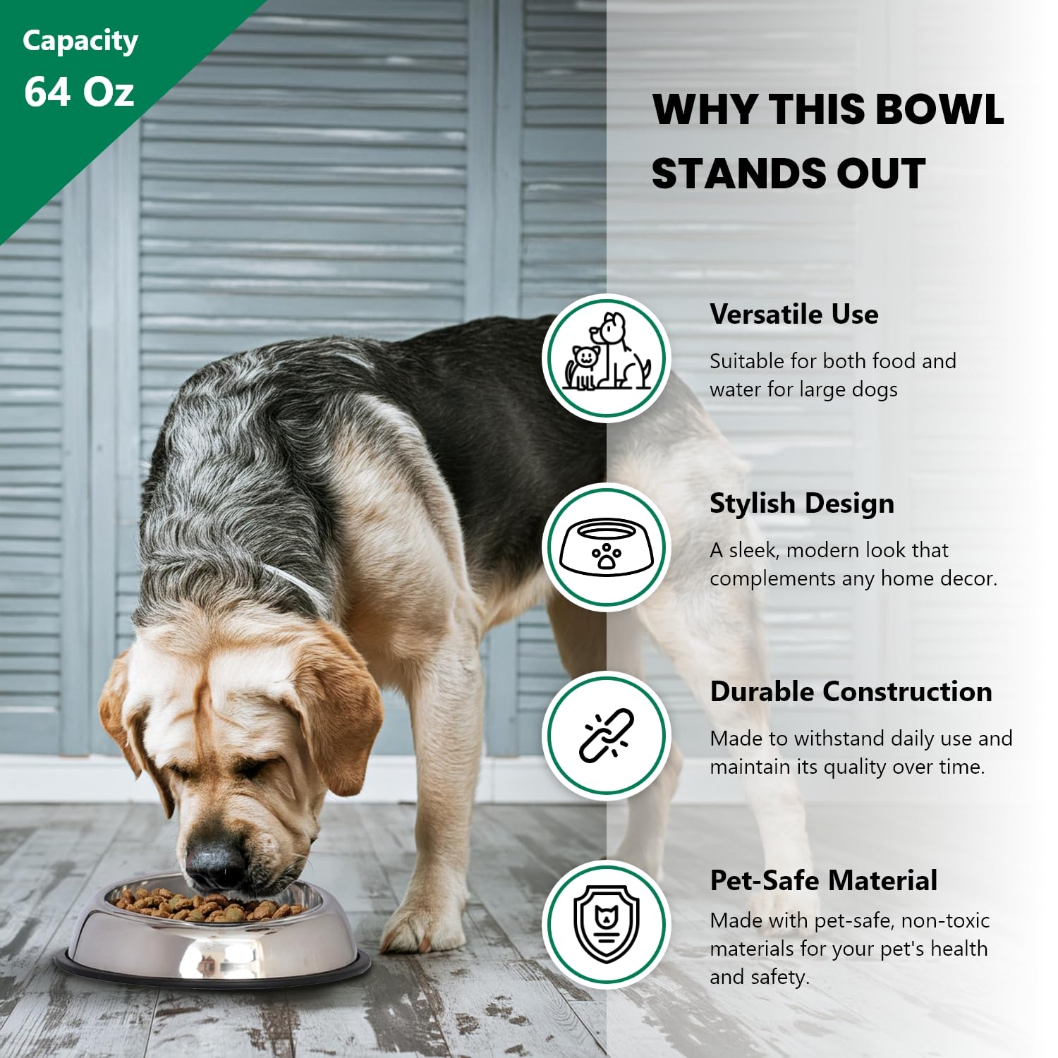 ICONIC PET 8 Cup/64 Oz Non-Slip Stainless Steel Pet Bowls - Heavy Duty High Back Design for Dogs & Cats - 2 Pack with Removable Anti-Skid Rubber Base - Dishwasher Safe Food & Water Bowls - Perfect for Indoor/Outdoor Feeding Stations
