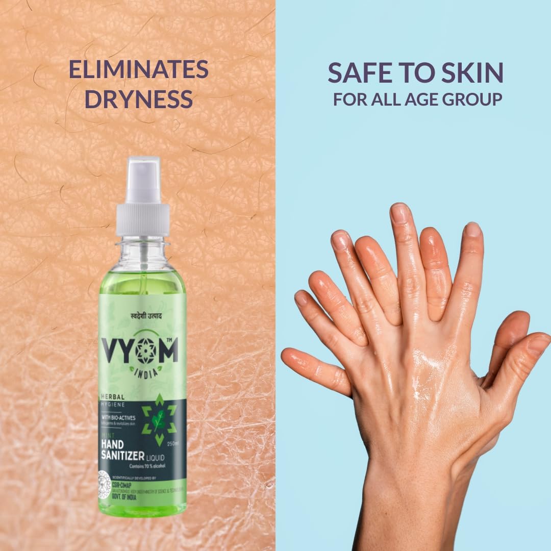 Vyom India 70% Alcohol Hand Sanitizer Spray - Herbal Mint Antibacterial Sanitizing Liquid for Hands, Skin-Friendly Formula - 250ml (Pack of 2) | Ideal for Travel, Office, School & Home Use