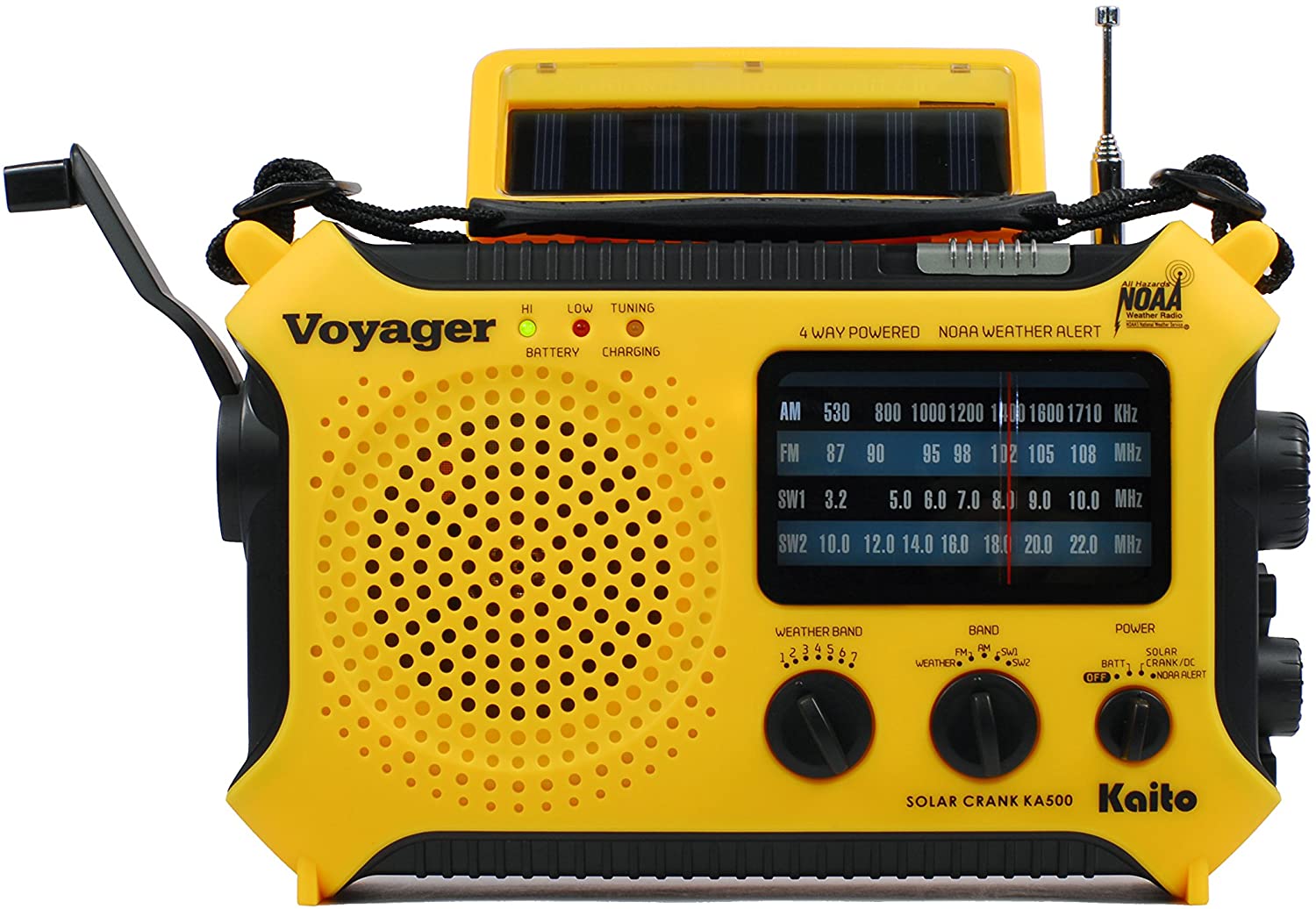 Kaito KA500 Voyager Solar Crank Emergency Weather Alert Radio with USB Adapter - Portable NOAA Weather Radio for Outdoor Camping, Hiking & Emergency Preparedness