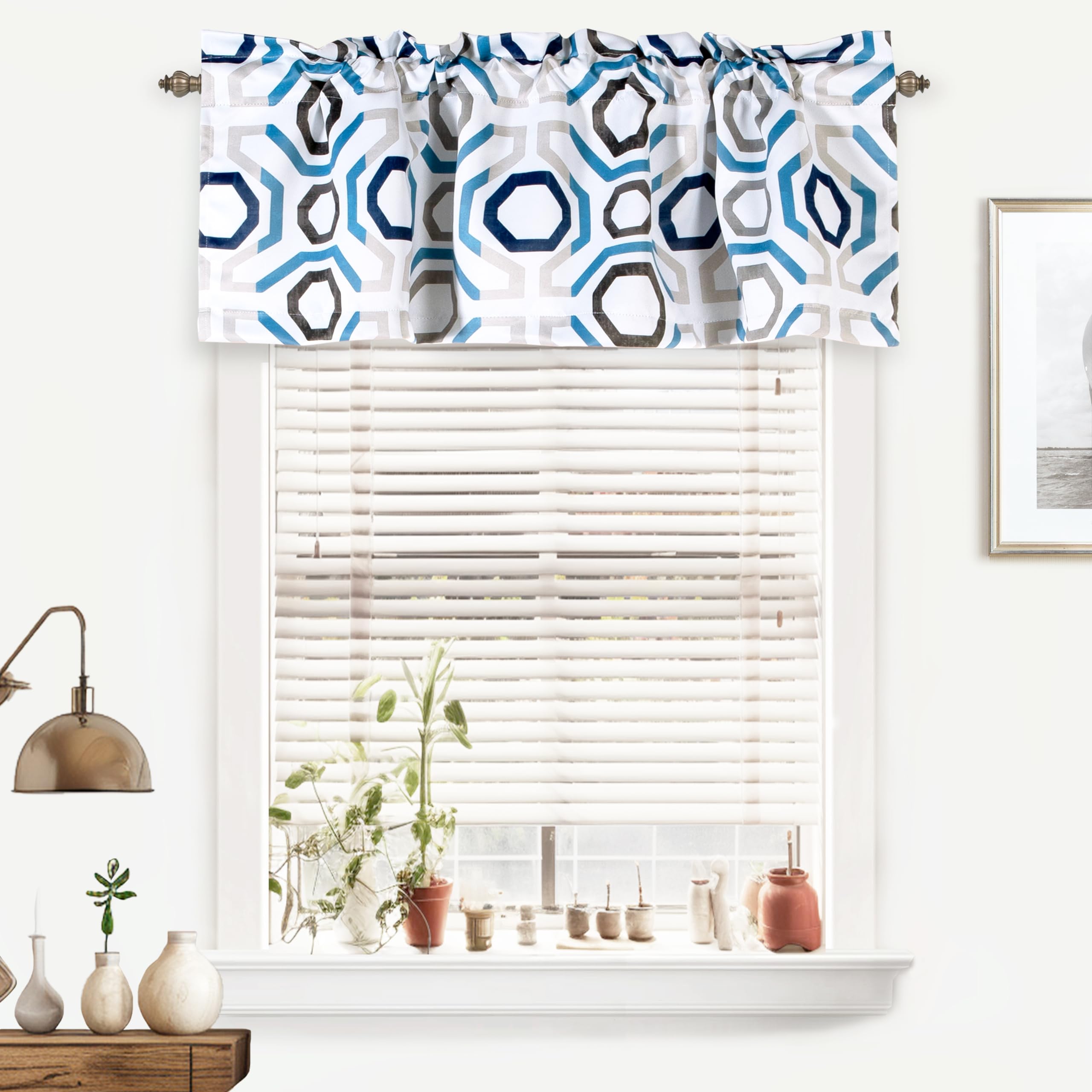 DriftAway Short Kitchen Window Valance Curtains - 1 Pack, 52 x 18 Inch, Blue Gray Camden Geometric Lattice Design - Thermal Insulated Valances for Living Room, Laundry, Bathroom & Small Windows | Perfect for Home Decor, Privacy & Light Control