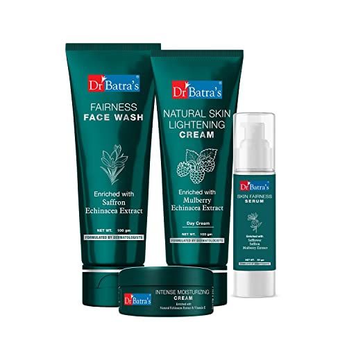 Dr. Batra's Skin Brightening Kit - 50g Fairness Serum, 100g Face Wash, 100g Lightening Cream & 100g Moisturizer with Echinacea & Safflower | Natural Glow Treatment for Even Skin Tone | Perfect for Daily Skincare Routine & Special Occasion Prep