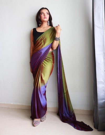1 Minute Quick Wear Purple & Green Dual Tone Georgette Stitched Ready-to-Wear Saree for Parties, Weddings & Festive Occasions