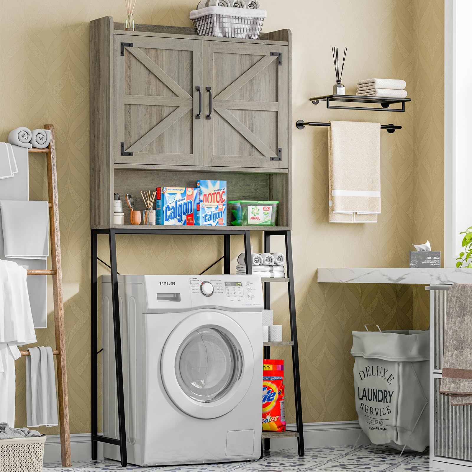 Farmhouse Style Over The Toilet Storage Cabinet with 2 Barn Doors & Toilet Paper Holder - Space Saving Bathroom Organizer for Toiletries, Towels & Essentials - Perfect for Small Bathrooms, Powder Rooms & Restrooms