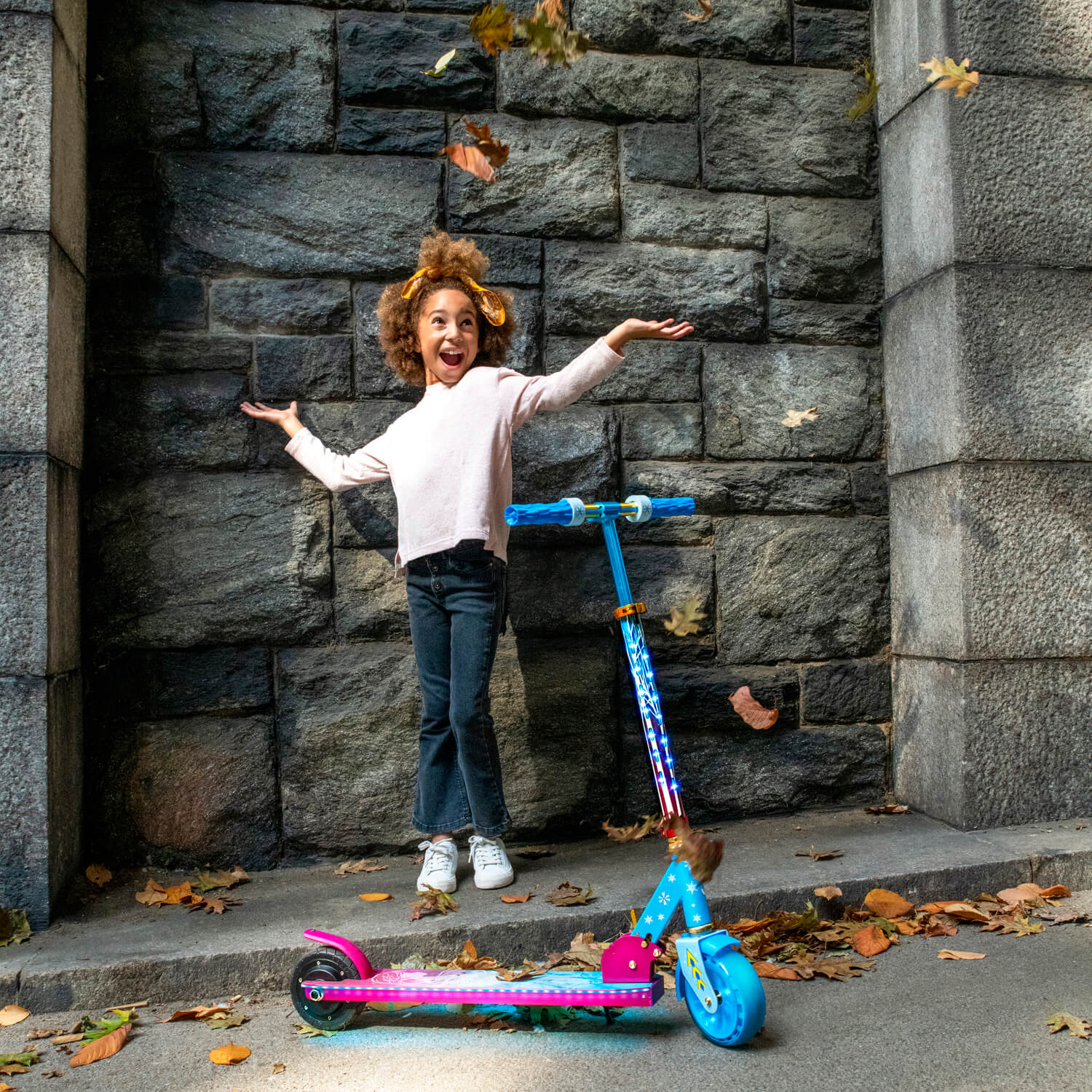 Disney Frozen II Light Up Folding Electric Scooter for Kids - Glow Wheels & Easy Fold Design - Perfect for Commuting, Park Rides & Neighborhood Fun