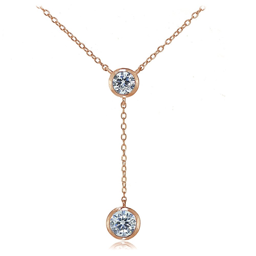 Hoops & Loops Sterling Silver Cubic Zirconia Bezel-Set Dangling Y Necklace for Women - Elegant Layered Pendant Jewelry for Party, Date Night & Special Occasions
