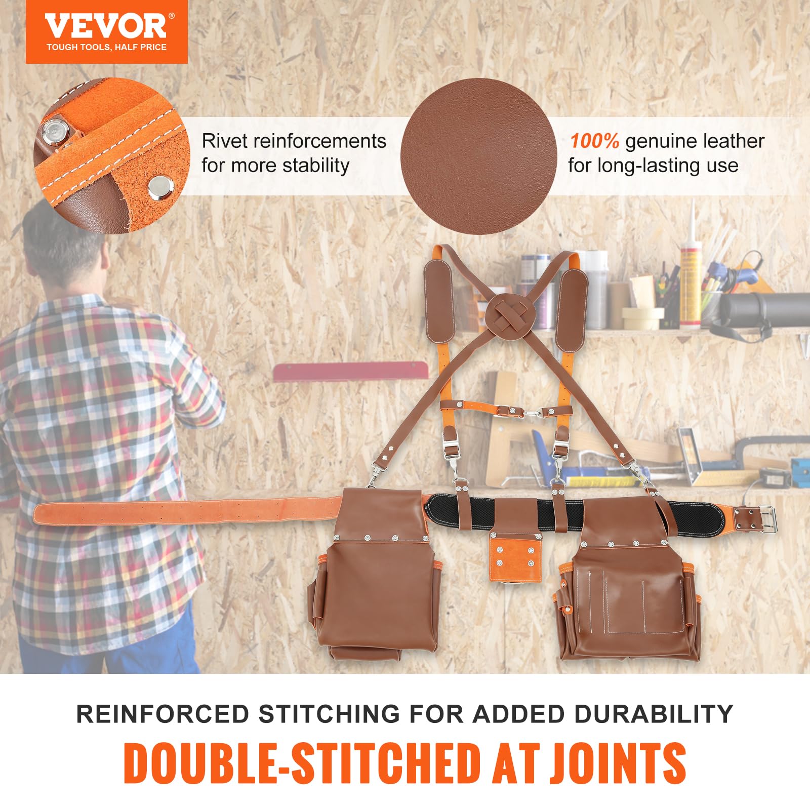 VEVOR Heavy Duty Leather Tool Belt with Suspenders - 19 Pockets Adjustable Waist 29-54 inches - Professional Carpenter Electrician Gardening Work Belt - Perfect for Construction, Woodworking & Outdoor Projects (Brown)